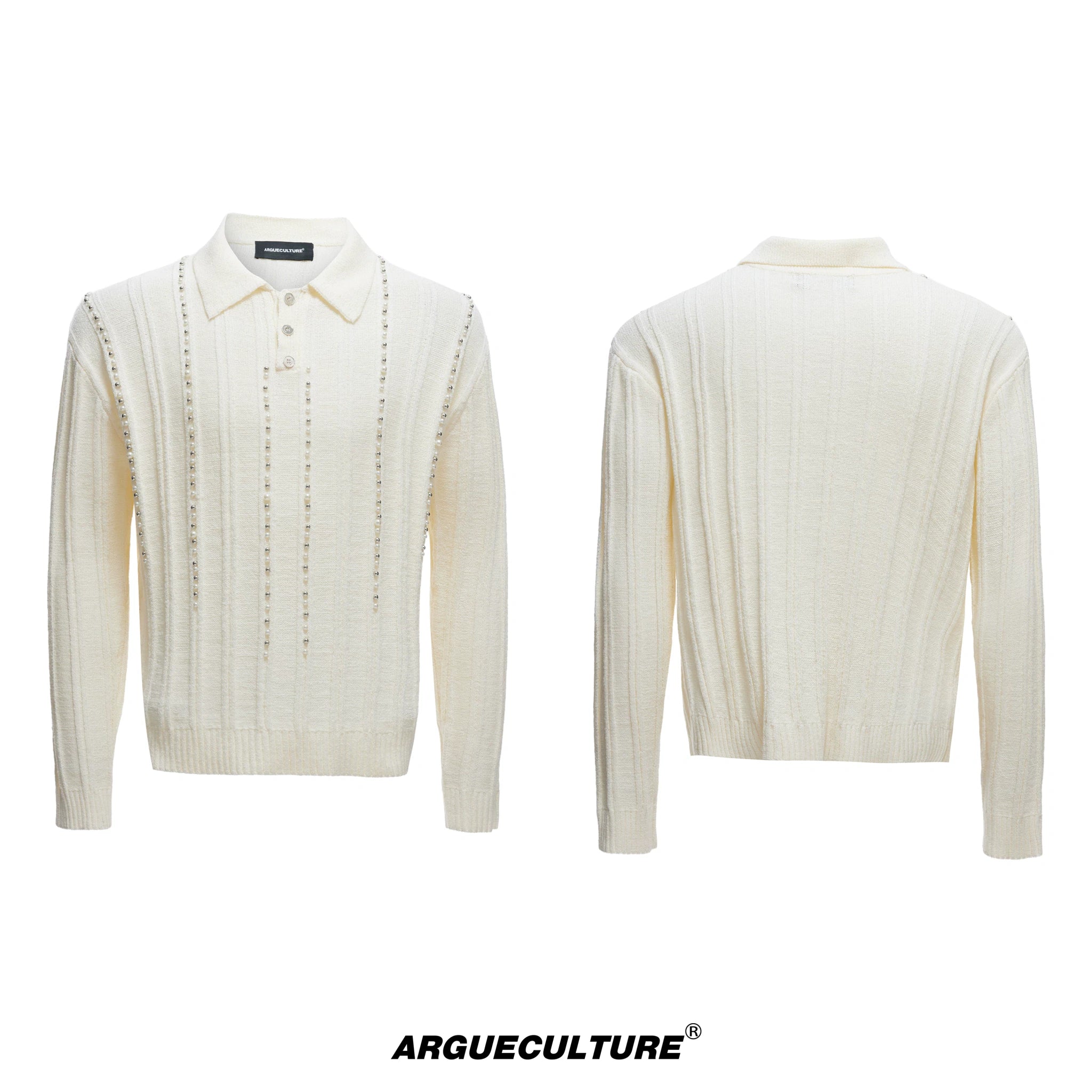 Pearl-Trim Cotton Knit Polo Shirt | Slim Long Sleeve - Beige Top