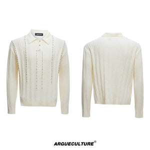 Pearl-Trim Cotton Knit Polo Shirt | Slim Long Sleeve - Beige Top