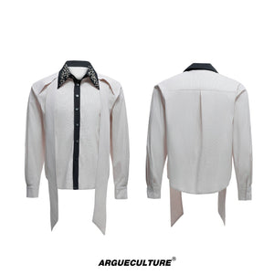 Rhinestone Contrast Streamer Shirt | Unisex Cotton - Khaki Top