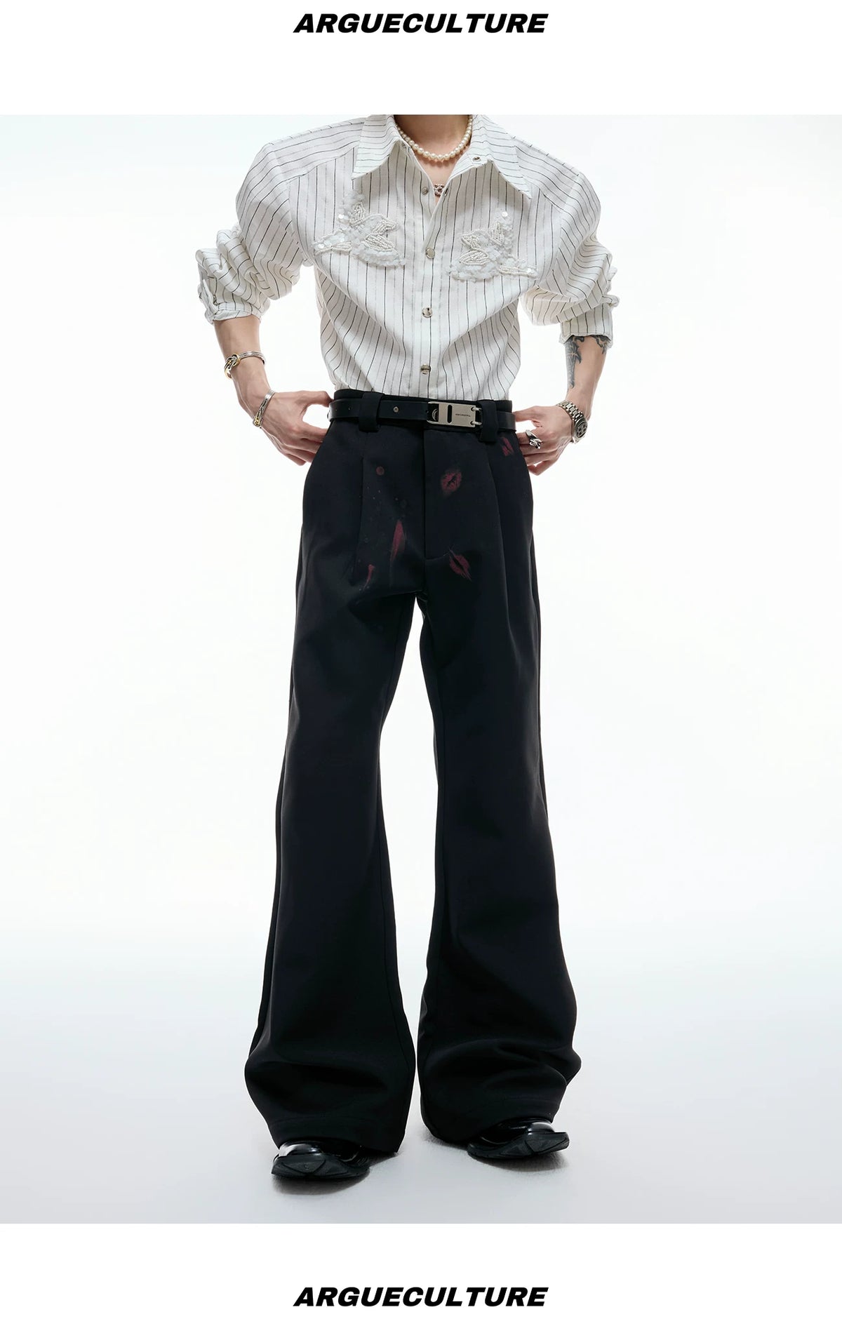Pleated Red Lip Flared Trousers in Cotton - description image 12