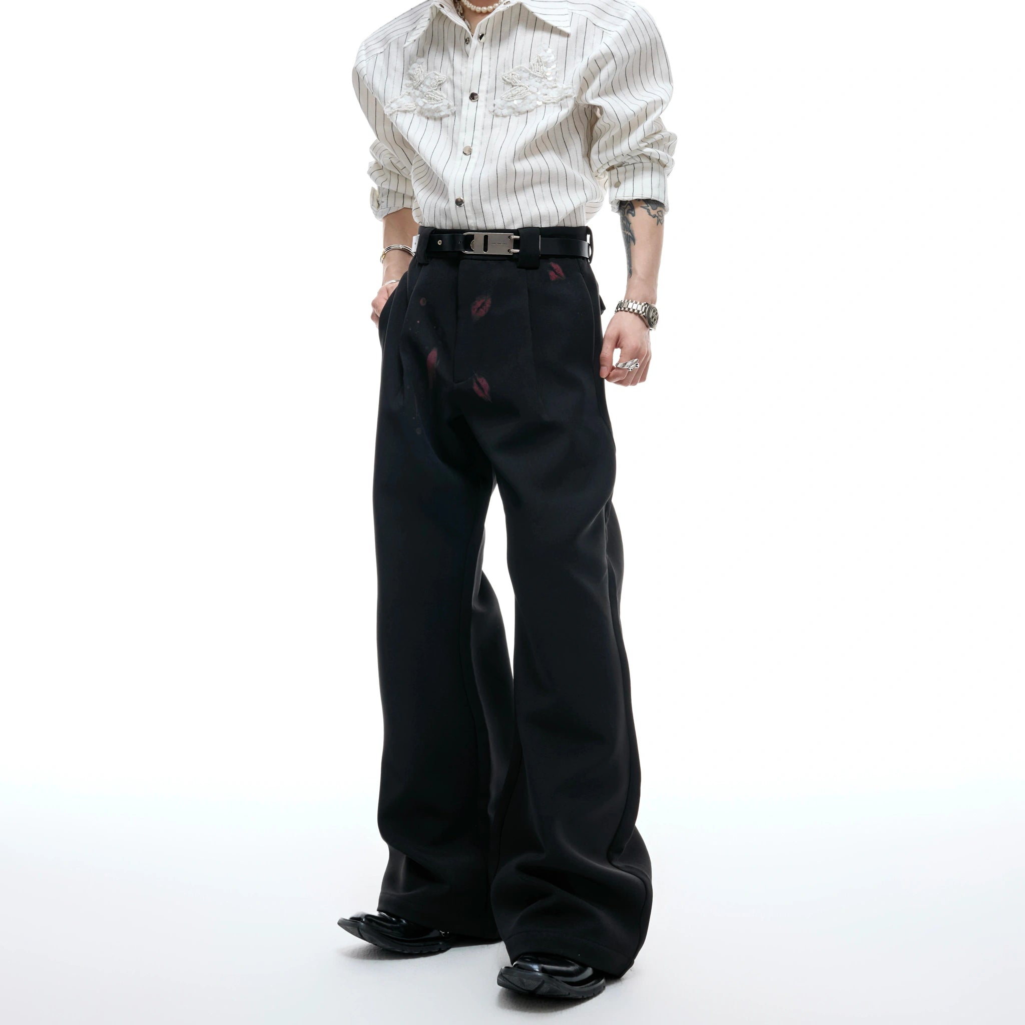Pleated Red Lip Flared Trousers in Cotton - main image 1