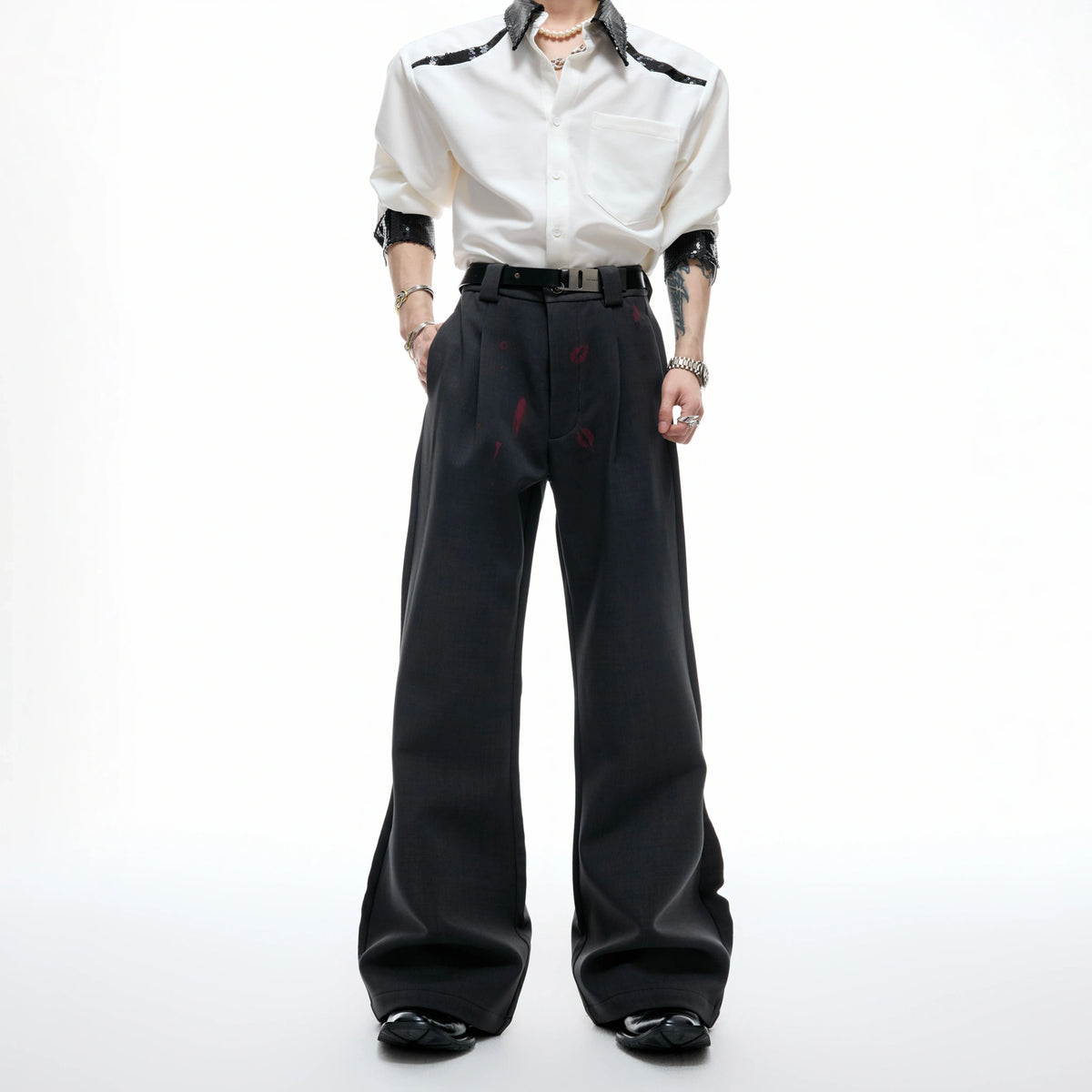 Pleated Red Lip Flared Trousers in Cotton - main image 2