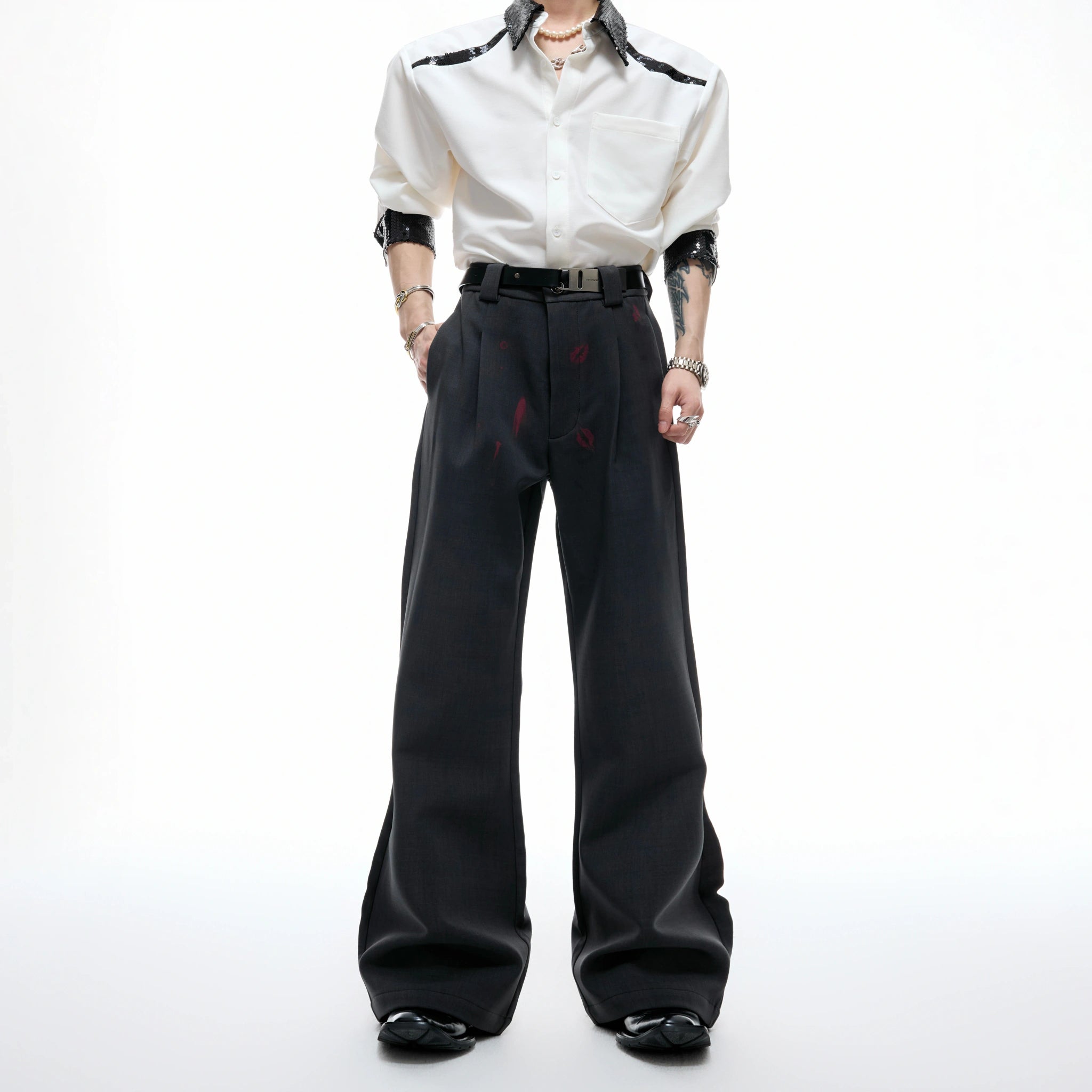 Pleated Red Lip Flared Trousers in Cotton - main image 2