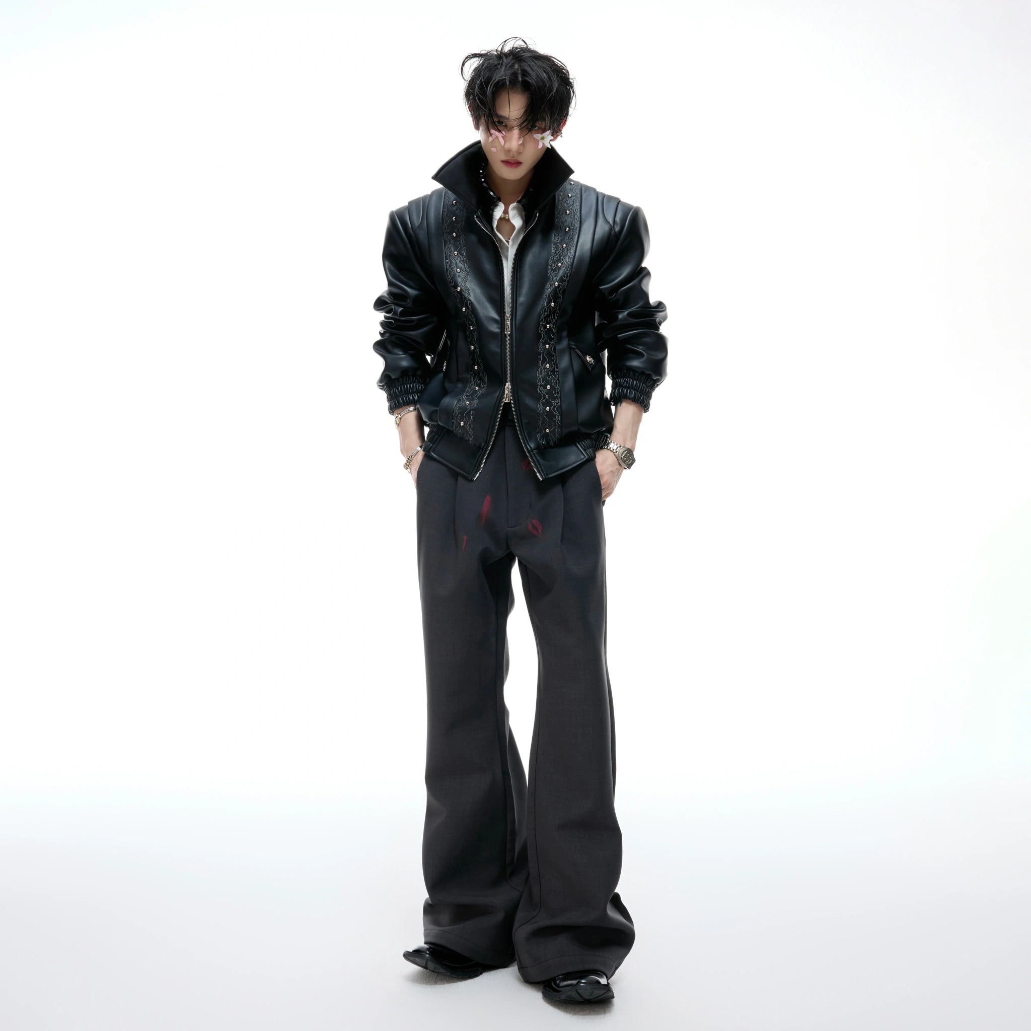 Pleated Red Lip Flared Trousers in Cotton - main image 5