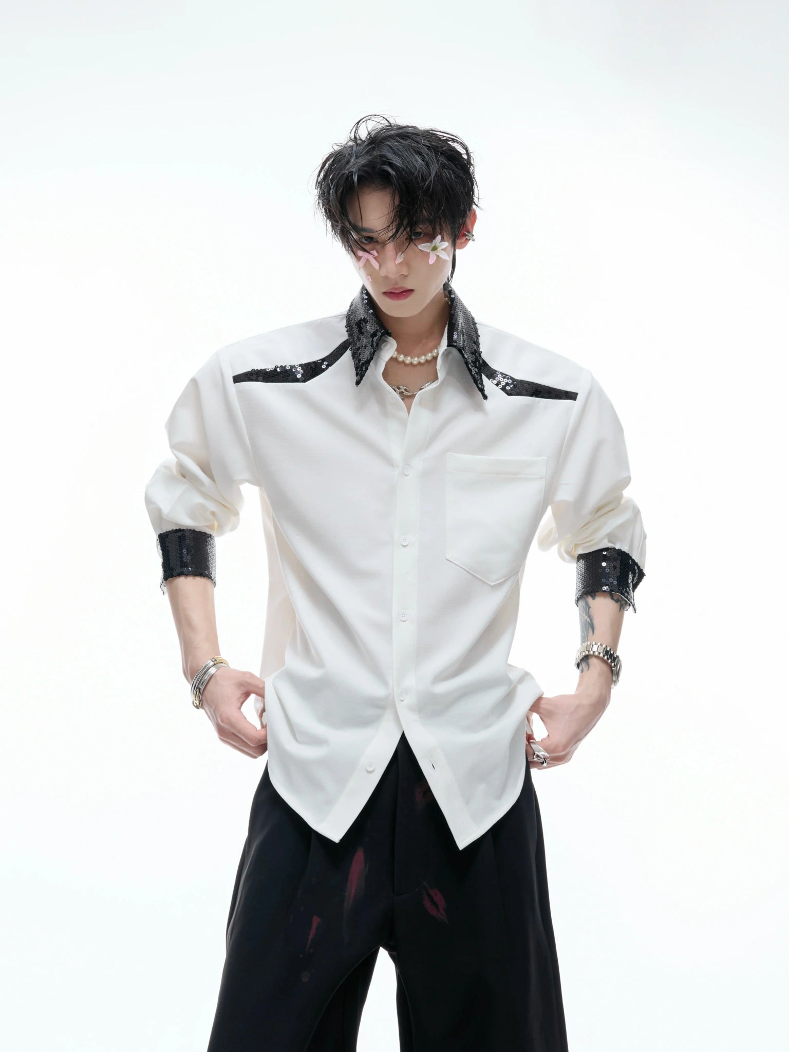 Contrast Sequin Drape Shirt | Relaxed Unisex Button-Up - main image 1