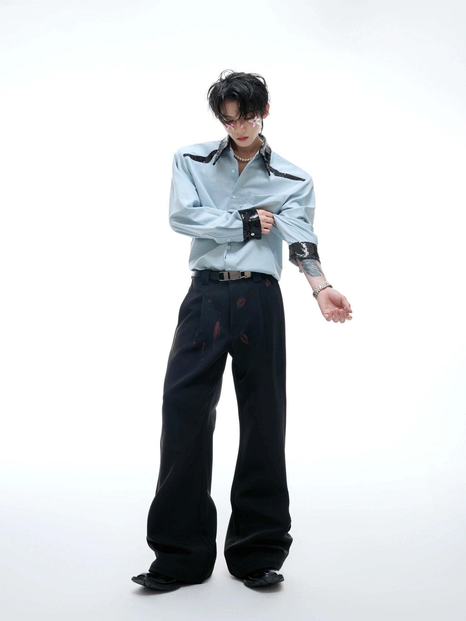 Contrast Sequin Drape Shirt | Relaxed Unisex Button-Up - main image 4