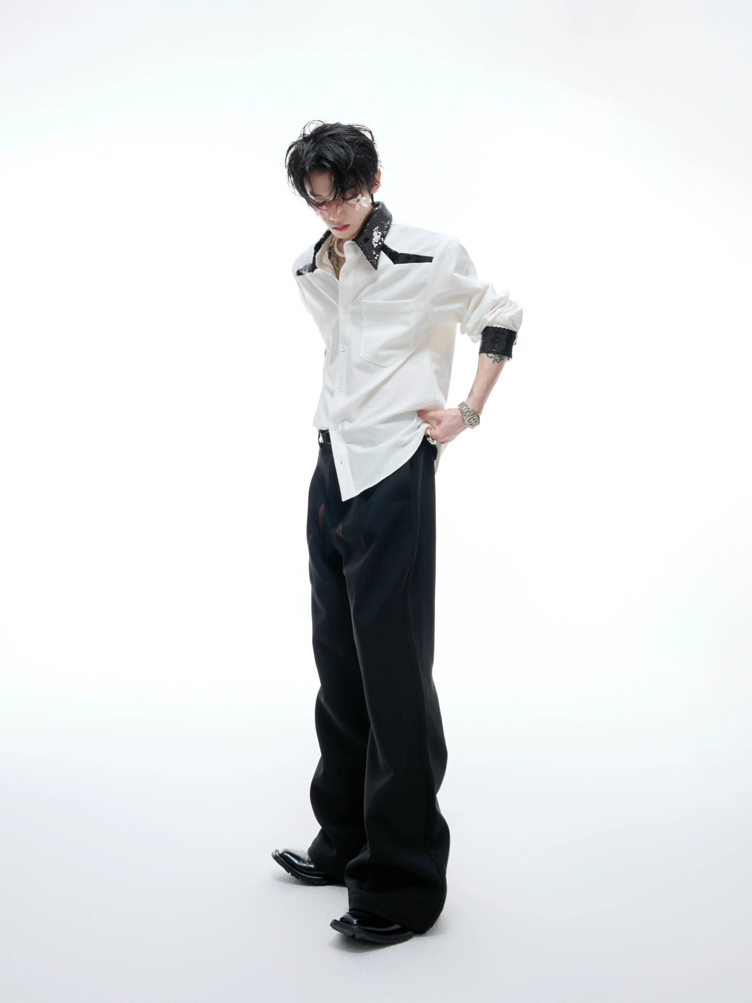 Contrast Sequin Drape Shirt | Relaxed Unisex Button-Up - main image 5