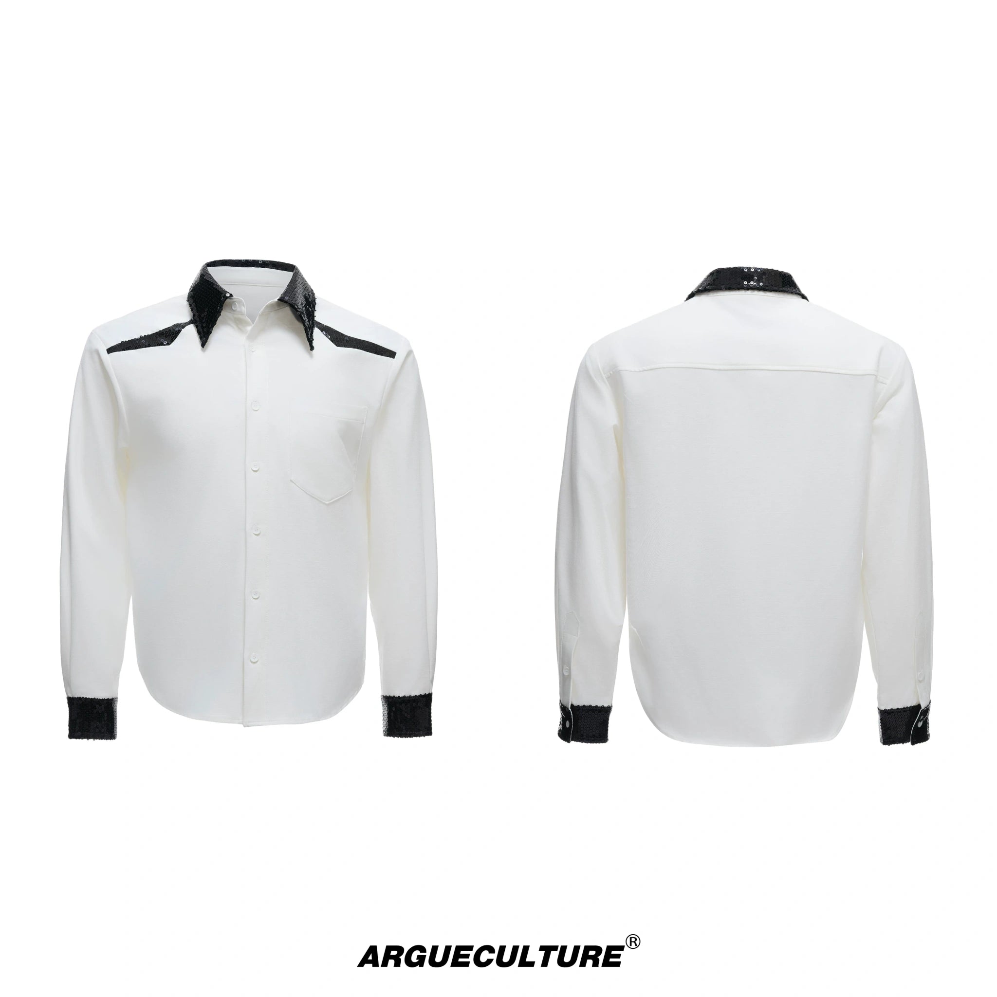 Contrast Sequin Drape Shirt | Relaxed Unisex Button-Up - White Top