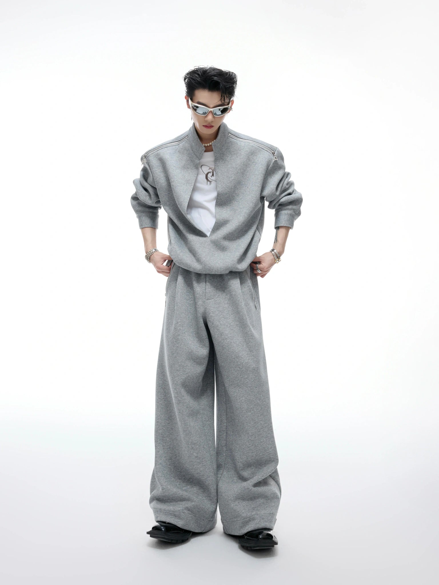 Layered Half-Neck Sweatshirt and Wide-Leg Pants Set - main image 2