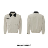 Contrast Lapel Cotton Workwear Jacket | Structured Fit - Beige Top