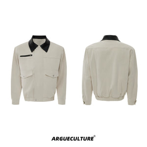 Contrast Lapel Cotton Workwear Jacket | Structured Fit - Beige Top