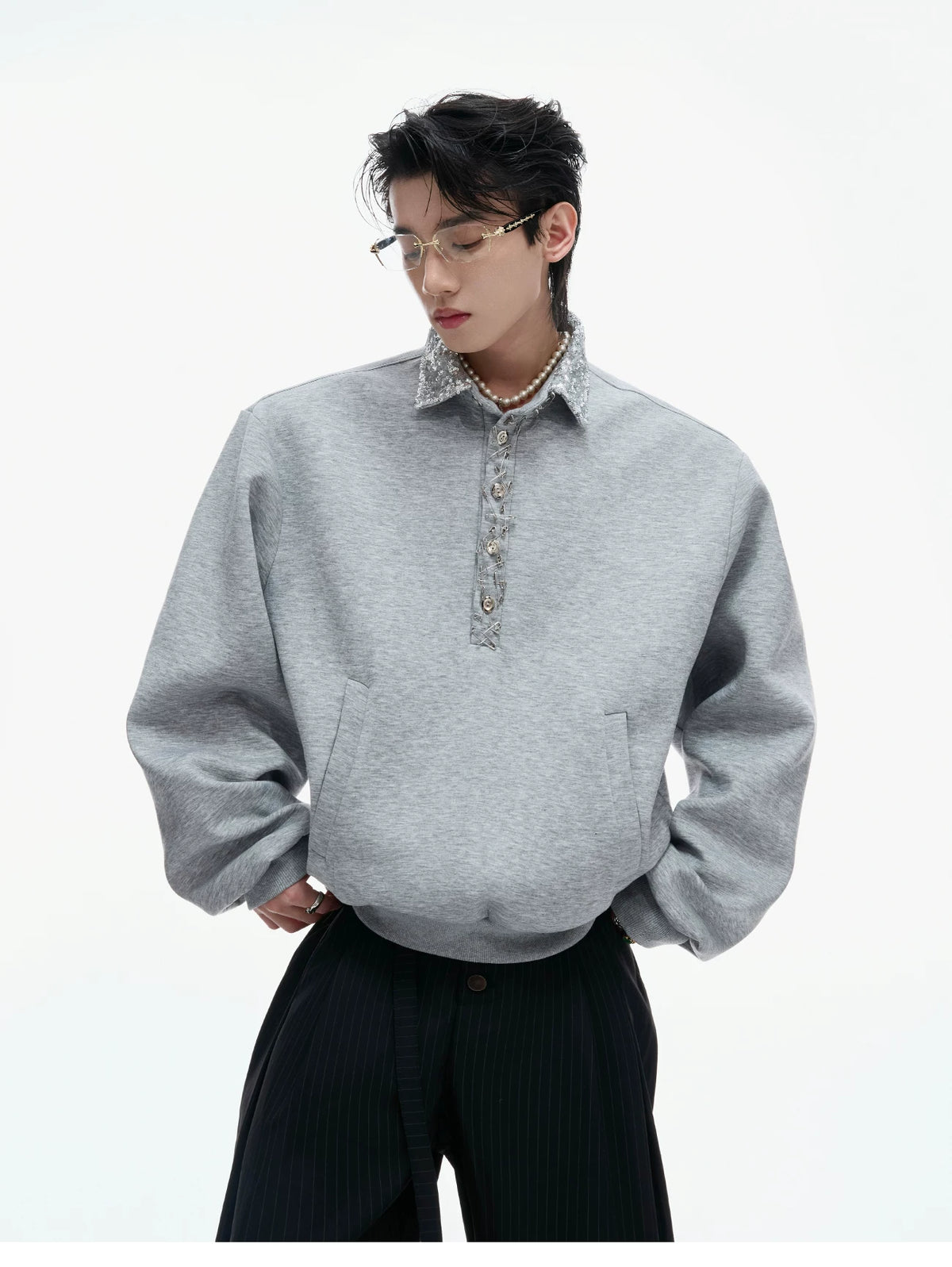Unisex Cotton Sequined Lapel Polo Sweatshirt Top - description image 4