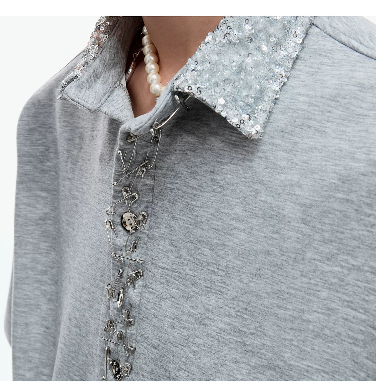 Unisex Cotton Sequined Lapel Polo Sweatshirt Top - description image 5