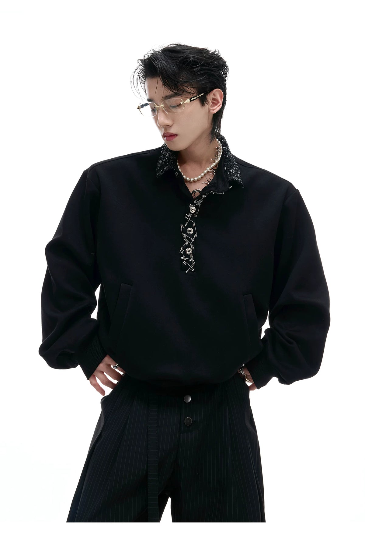 Unisex Cotton Sequined Lapel Polo Sweatshirt Top - description image 7