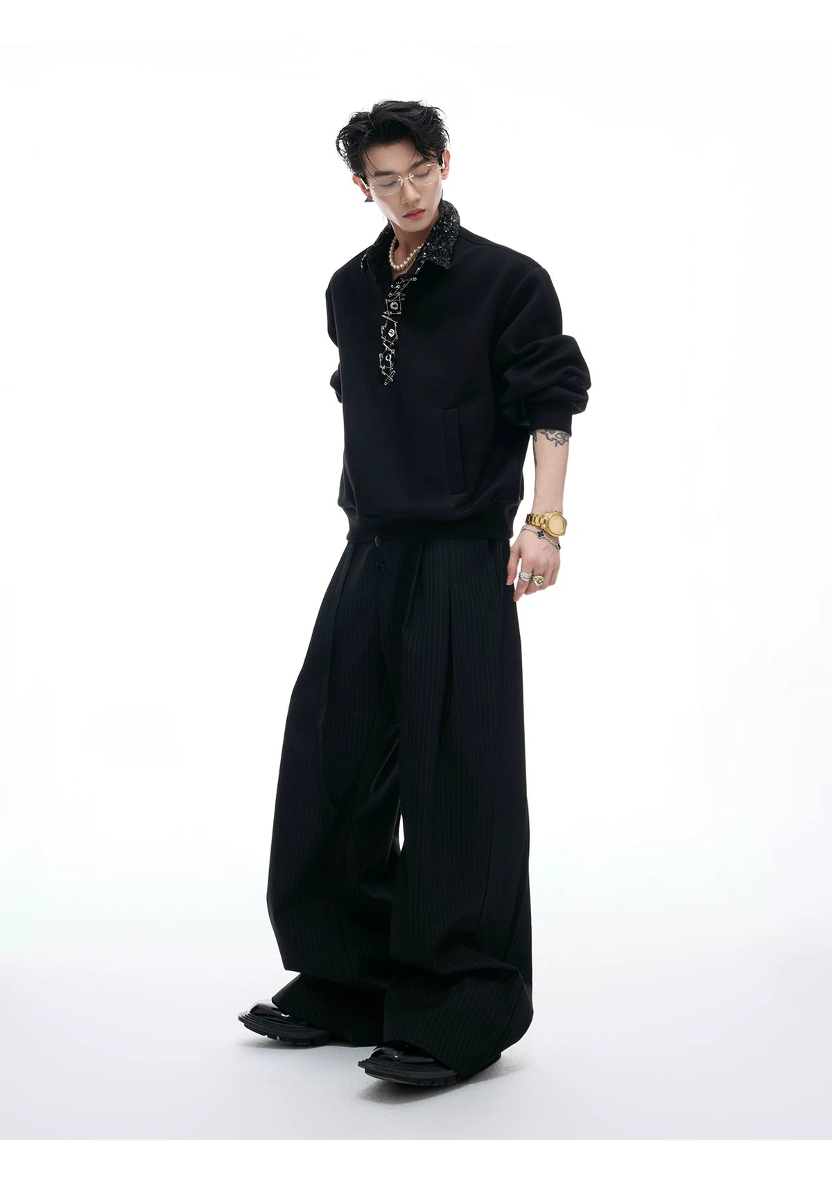 Unisex Cotton Sequined Lapel Polo Sweatshirt Top - description image 8