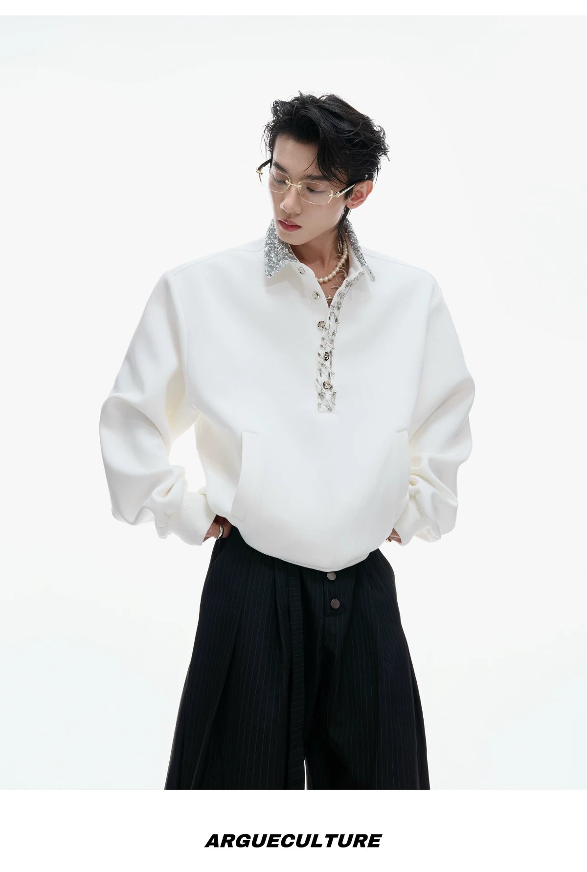 Unisex Cotton Sequined Lapel Polo Sweatshirt Top - description image 10