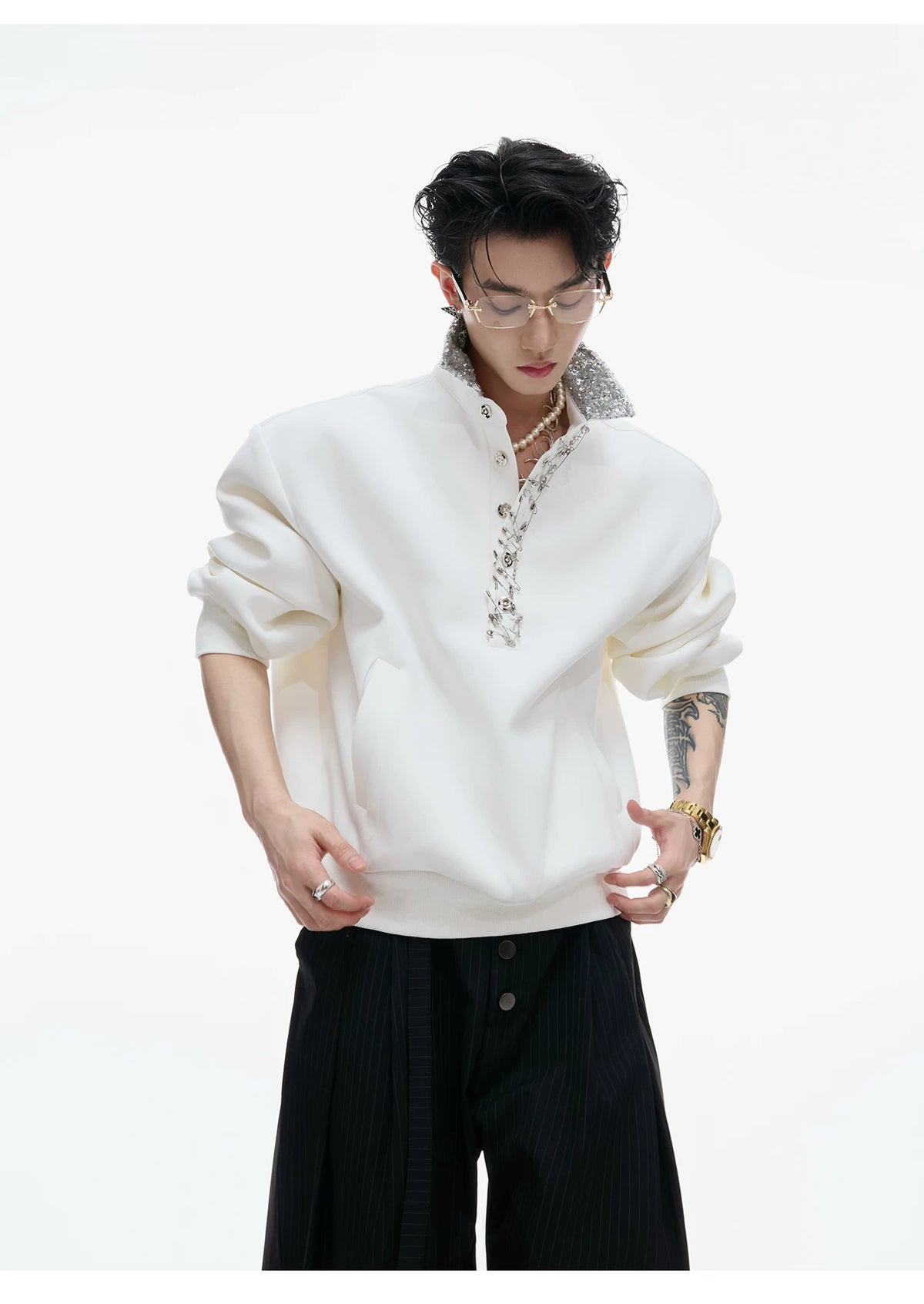 Unisex Cotton Sequined Lapel Polo Sweatshirt Top - description image 11