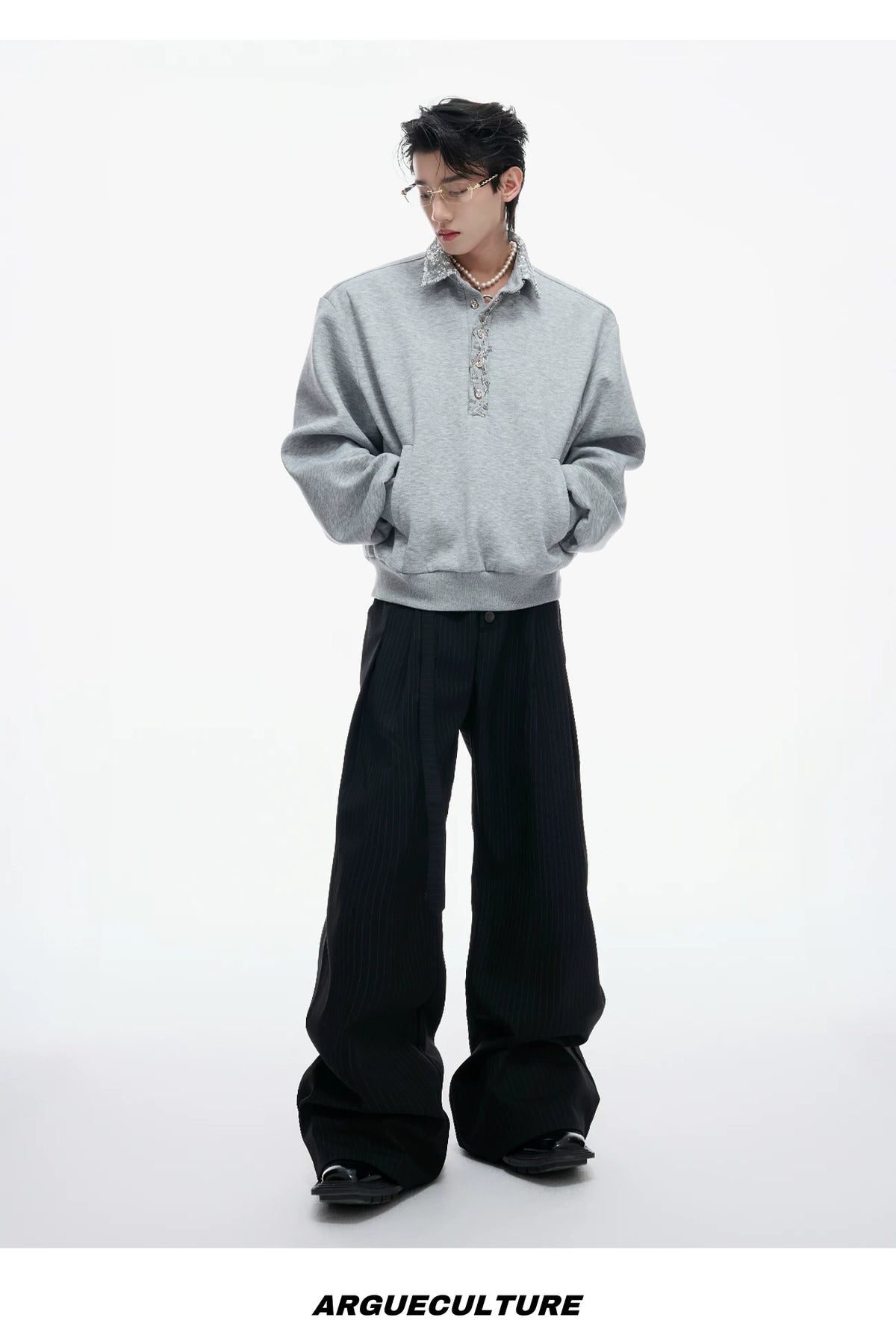 Unisex Cotton Sequined Lapel Polo Sweatshirt Top - description image 13