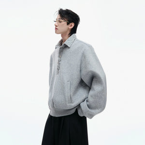 Unisex Cotton Sequined Lapel Polo Sweatshirt Top - main image 1