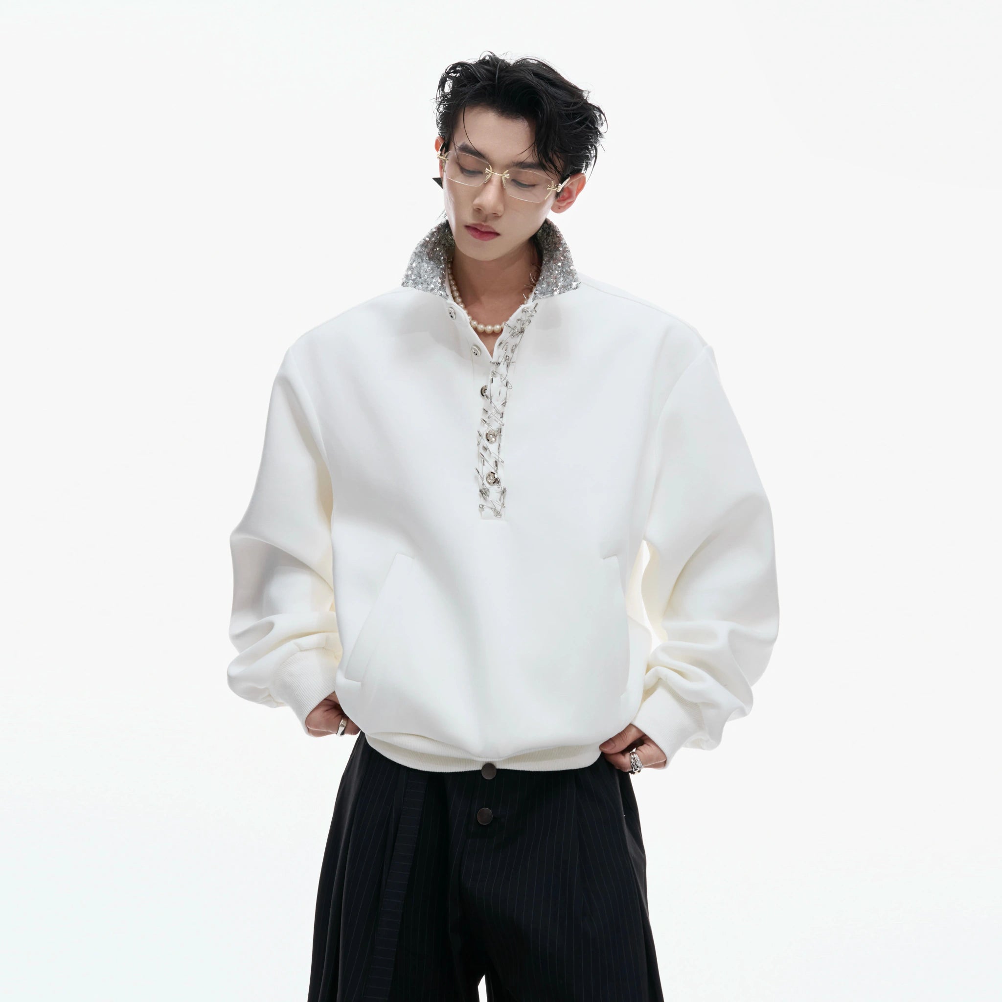 Unisex Cotton Sequined Lapel Polo Sweatshirt Top - main image 2
