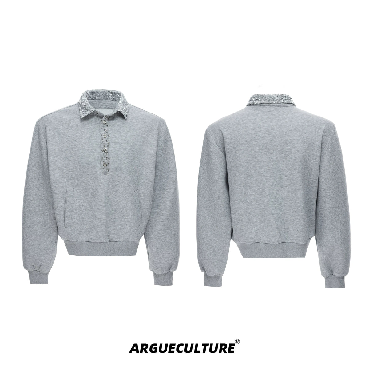 Unisex Cotton Sequined Lapel Polo Sweatshirt Top - Gray Top