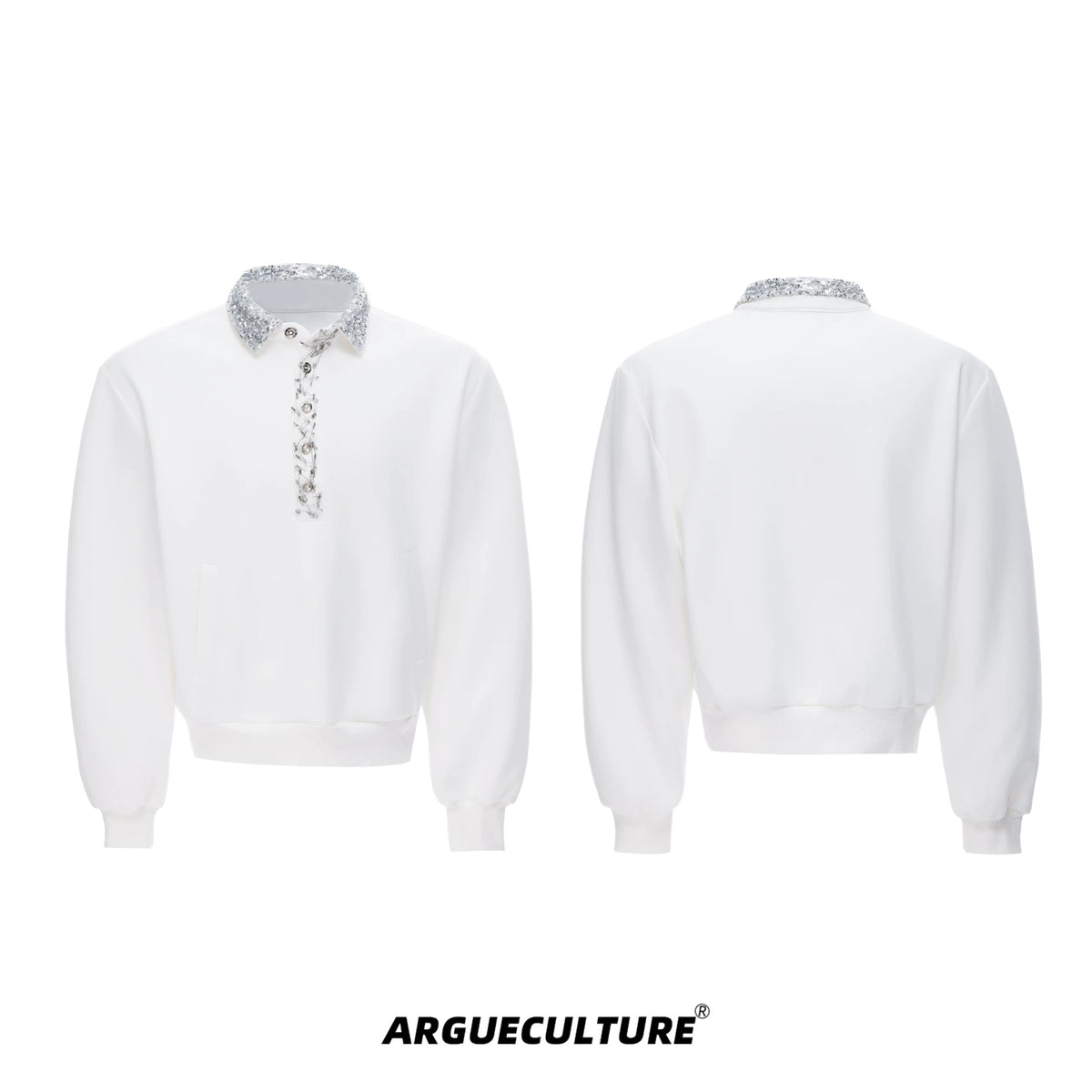 Unisex Cotton Sequined Lapel Polo Sweatshirt Top - White Top