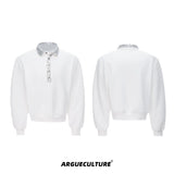 Unisex Cotton Sequined Lapel Polo Sweatshirt Top - White Top