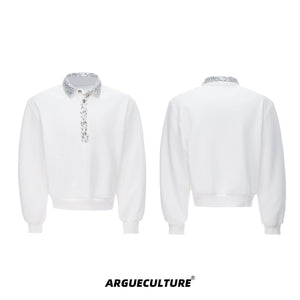 Unisex Cotton Sequined Lapel Polo Sweatshirt Top - White Top