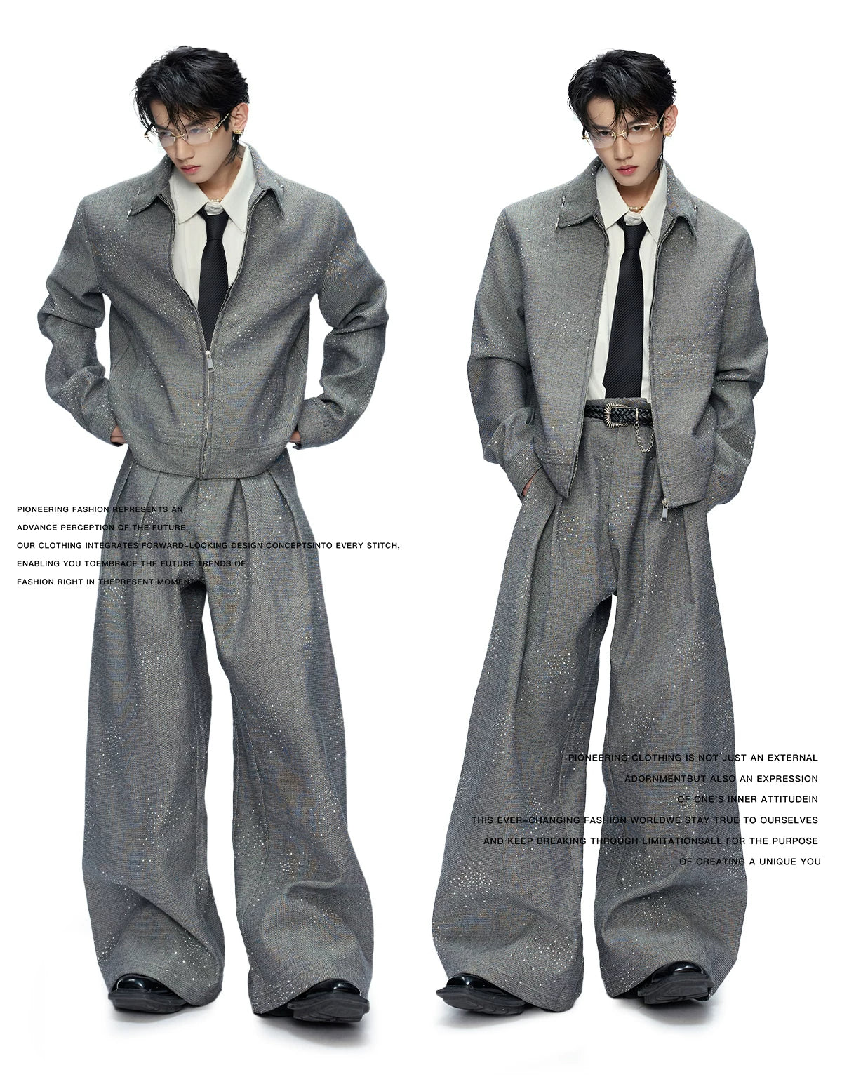 Unisex Contrast Lapel Cotton Jacket and Pants Set - description image 3