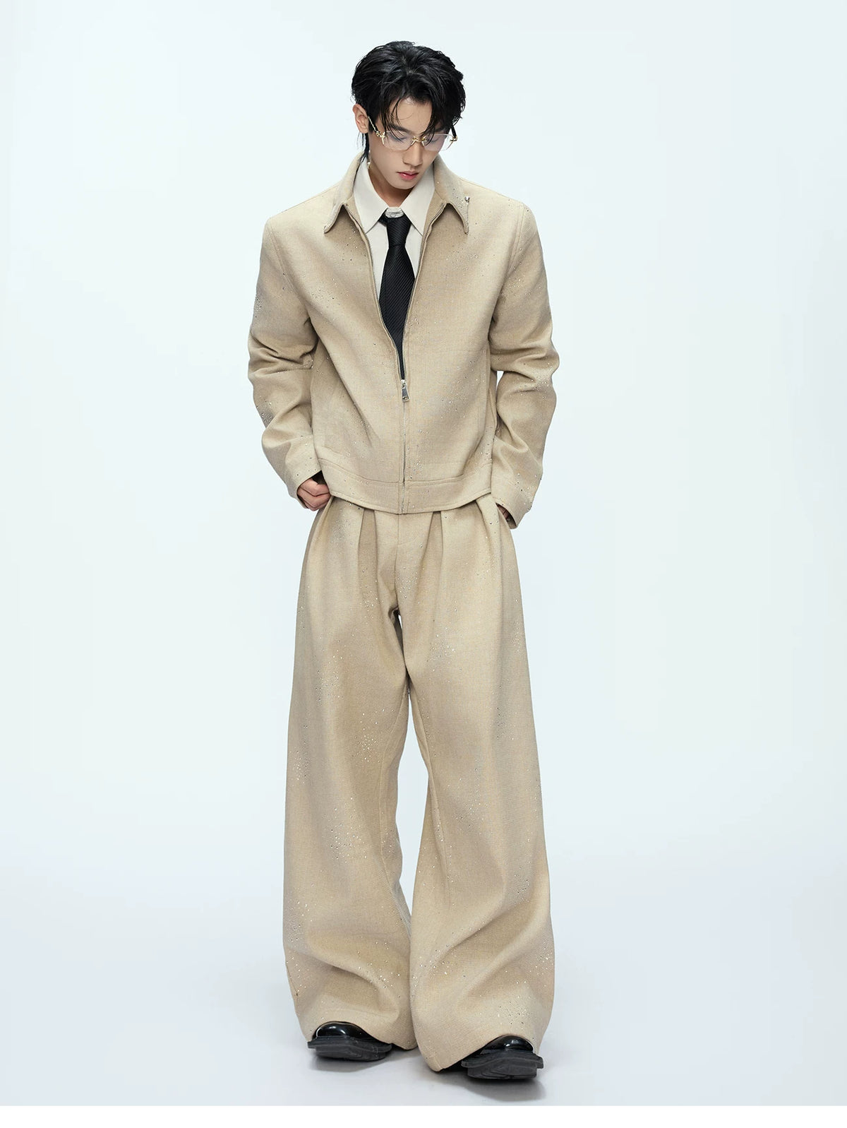 Unisex Contrast Lapel Cotton Jacket and Pants Set - description image 4