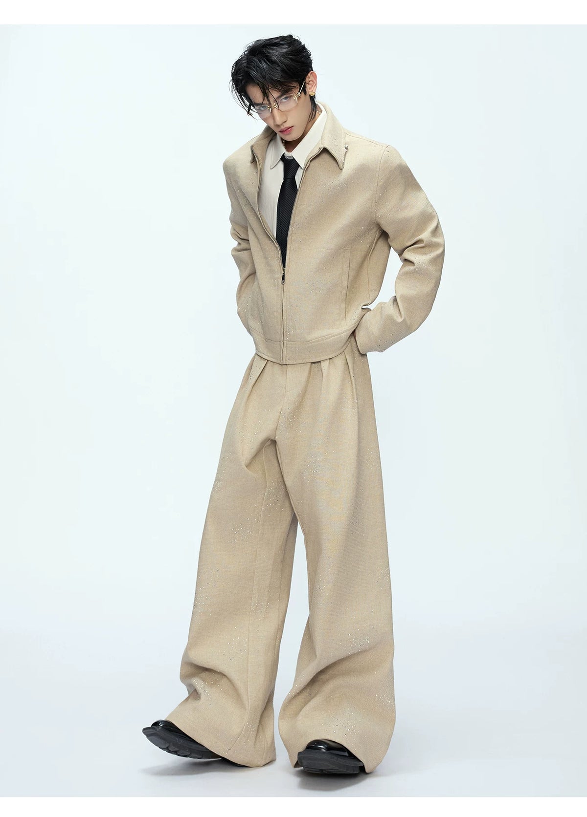 Unisex Contrast Lapel Cotton Jacket and Pants Set - description image 5