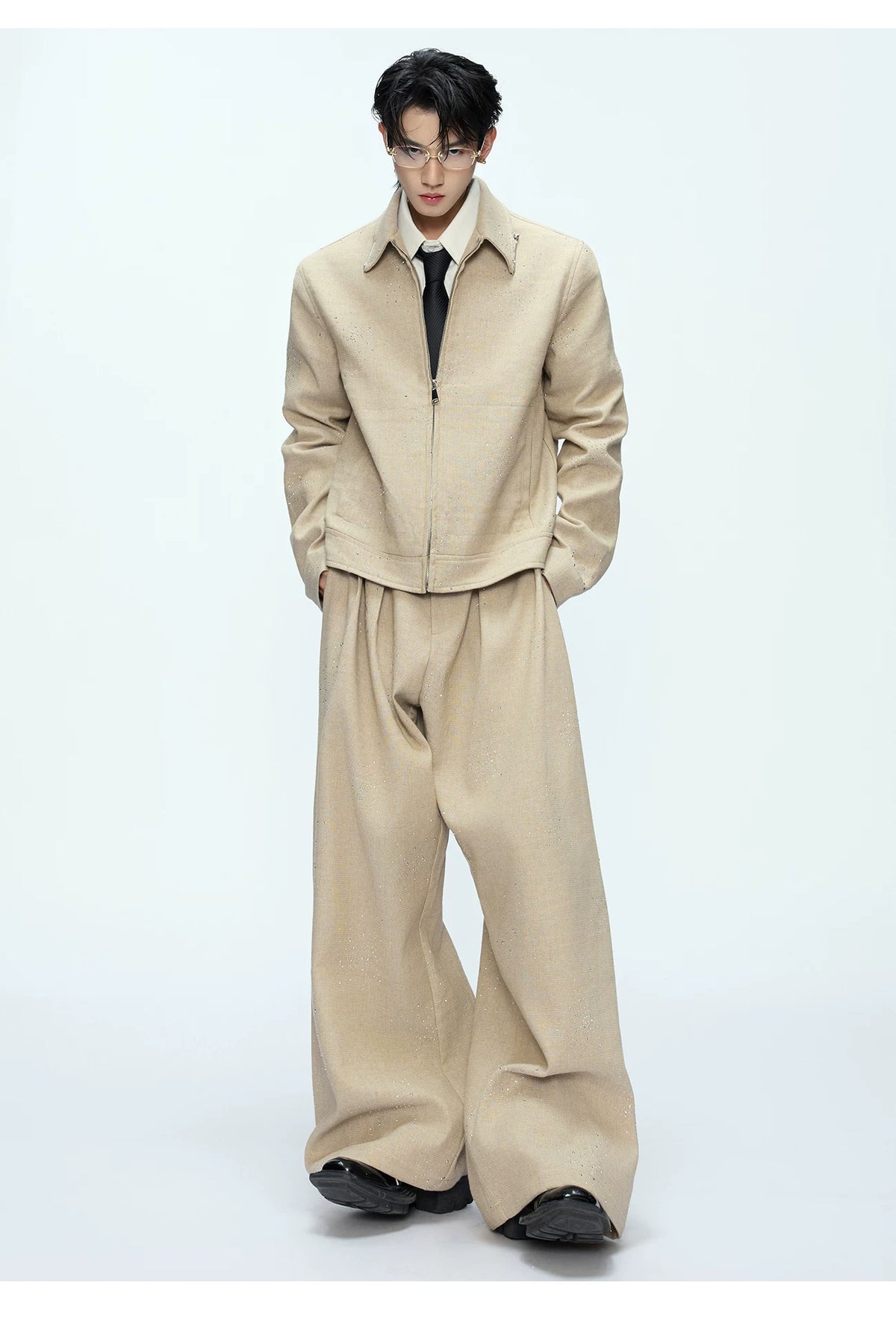 Unisex Contrast Lapel Cotton Jacket and Pants Set - description image 6