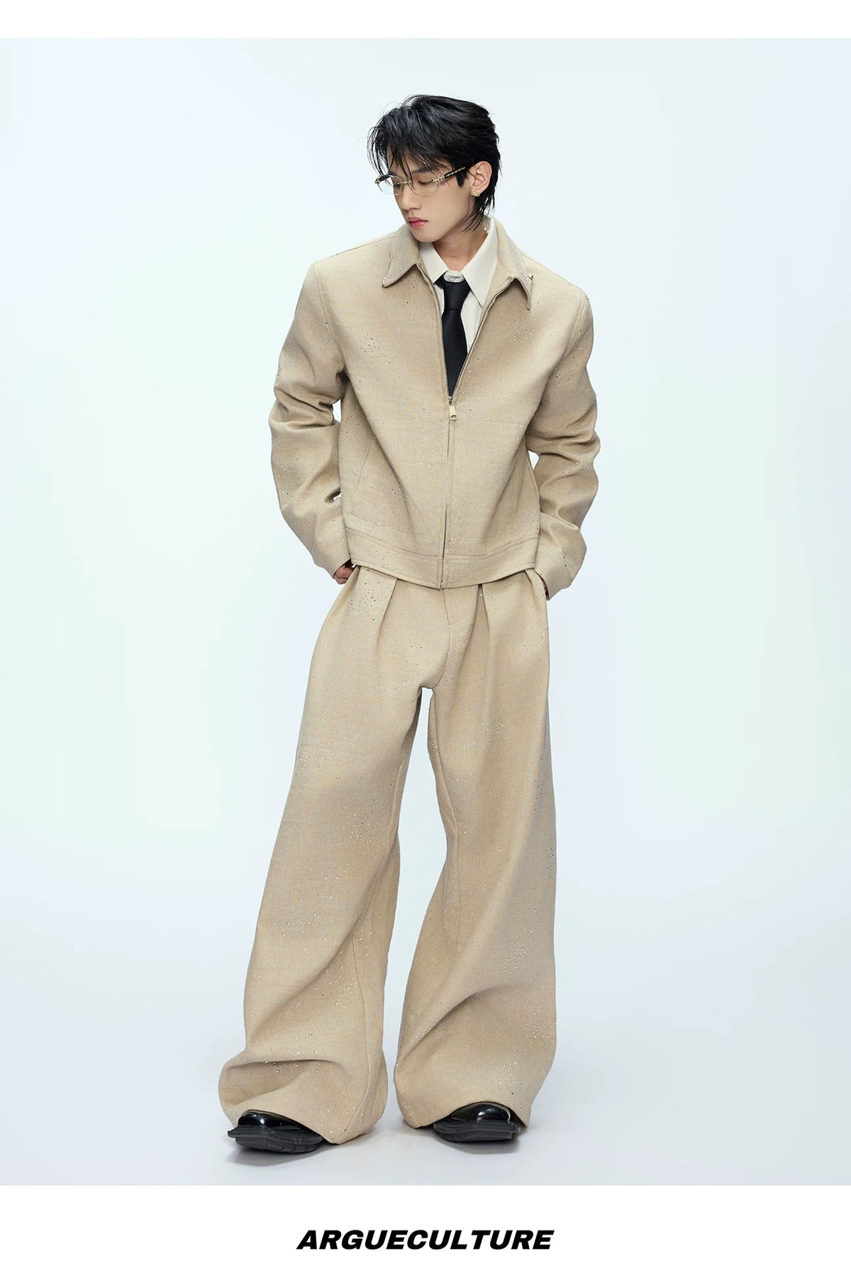 Unisex Contrast Lapel Cotton Jacket and Pants Set - description image 11