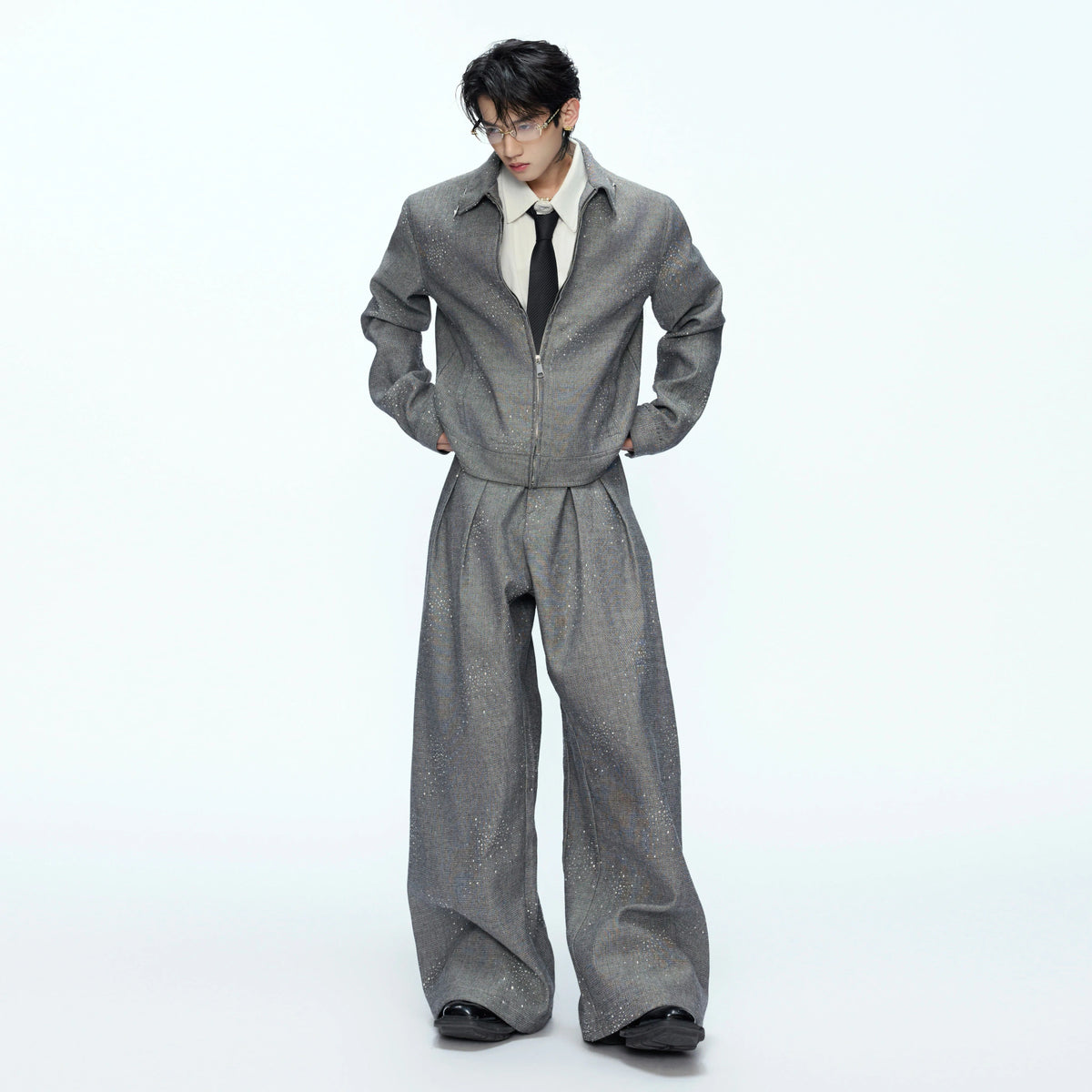Unisex Contrast Lapel Cotton Jacket and Pants Set - main image 1