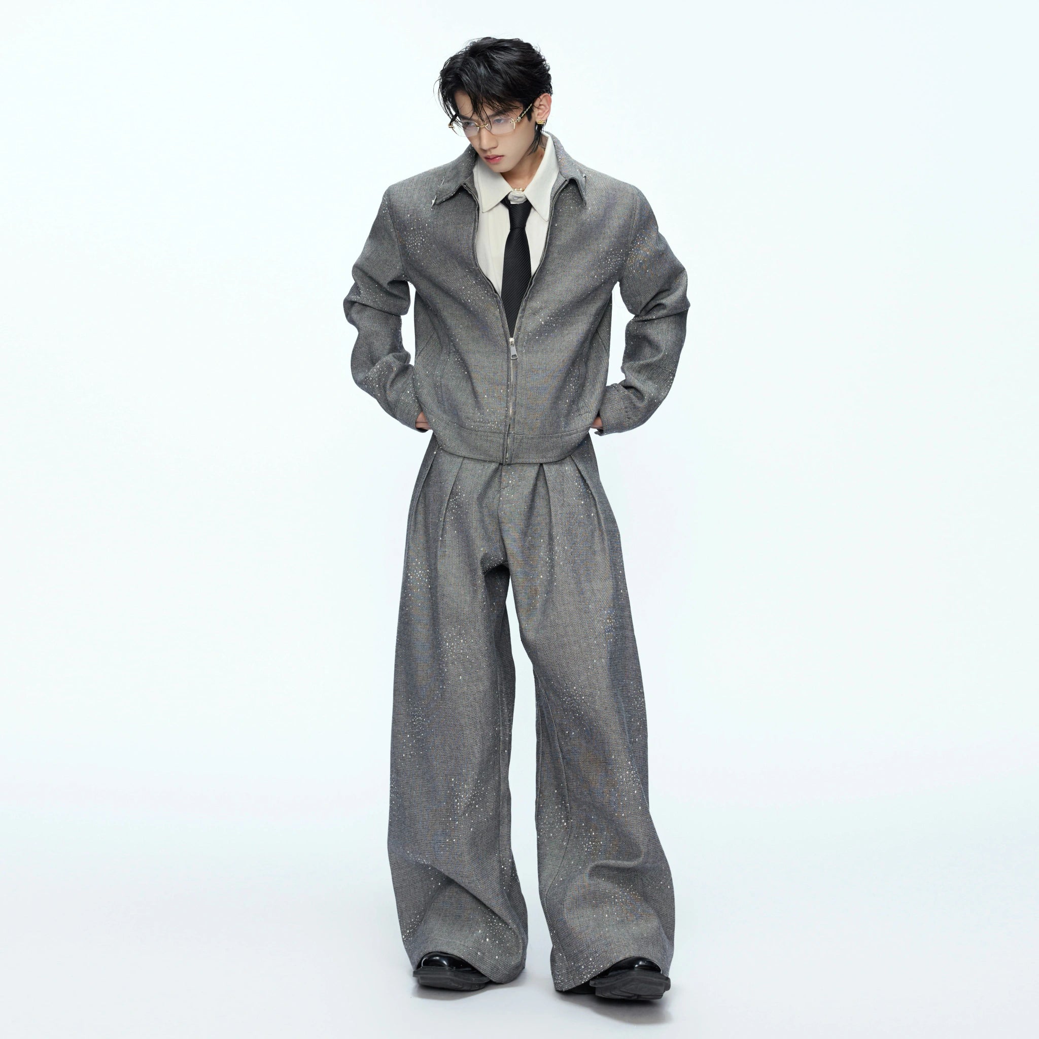 Unisex Contrast Lapel Cotton Jacket and Pants Set - main image 1