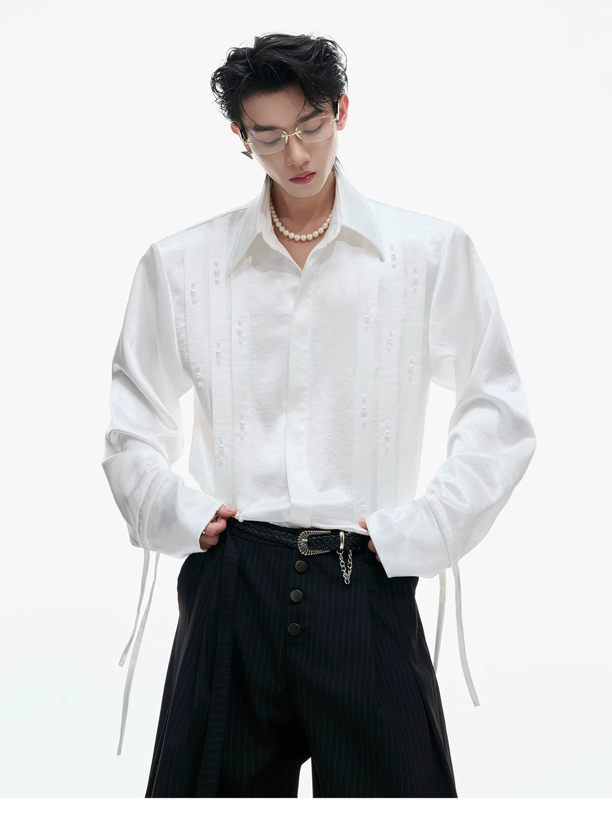Pearl Tie Cotton Shirt | Relaxed Avant-Garde Style - description image 4