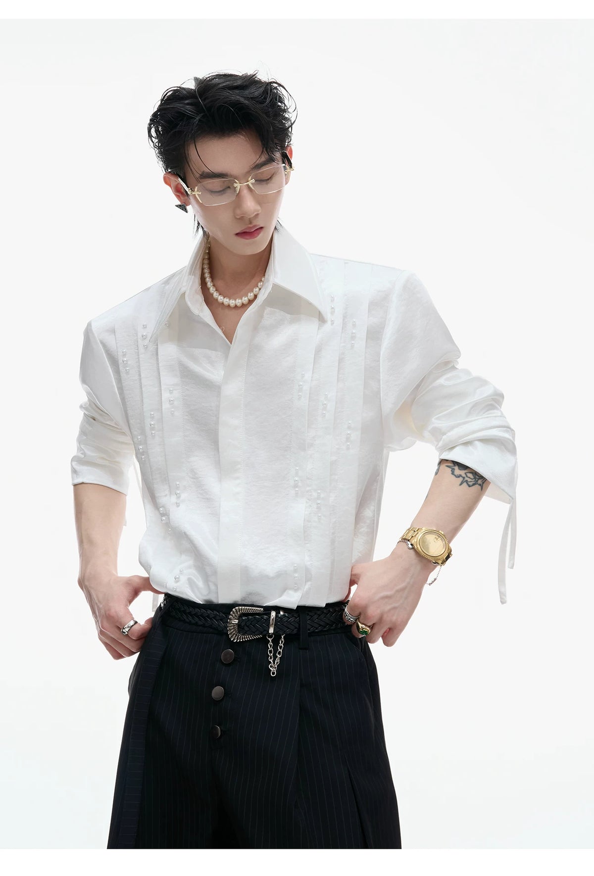 Pearl Tie Cotton Shirt | Relaxed Avant-Garde Style - description image 7