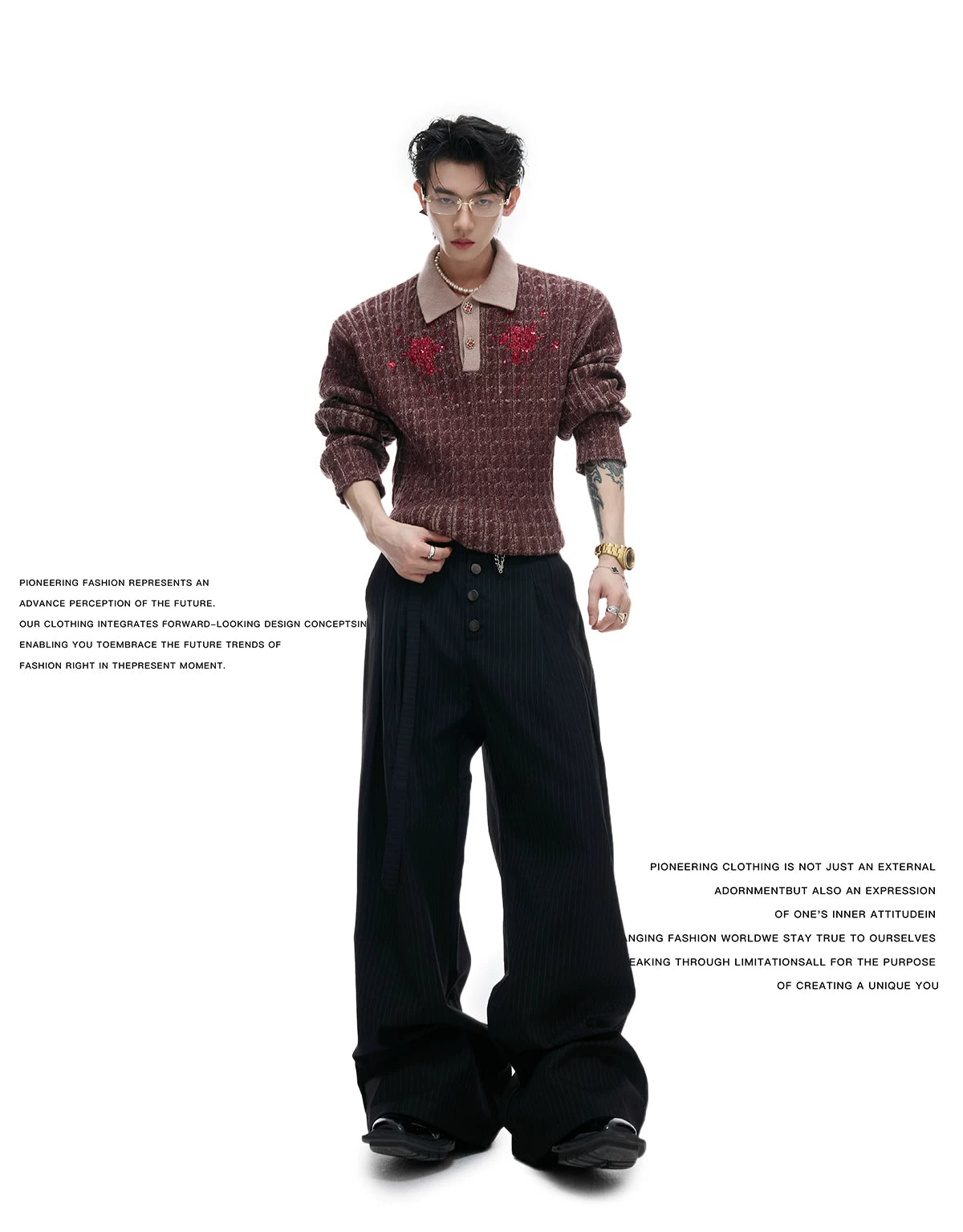 Retro Contrast Sequin Collared Cotton Sweater - description image 3