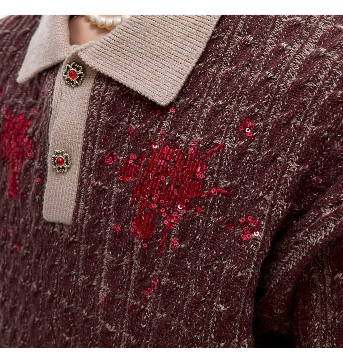 Retro Contrast Sequin Collared Cotton Sweater - description image 5