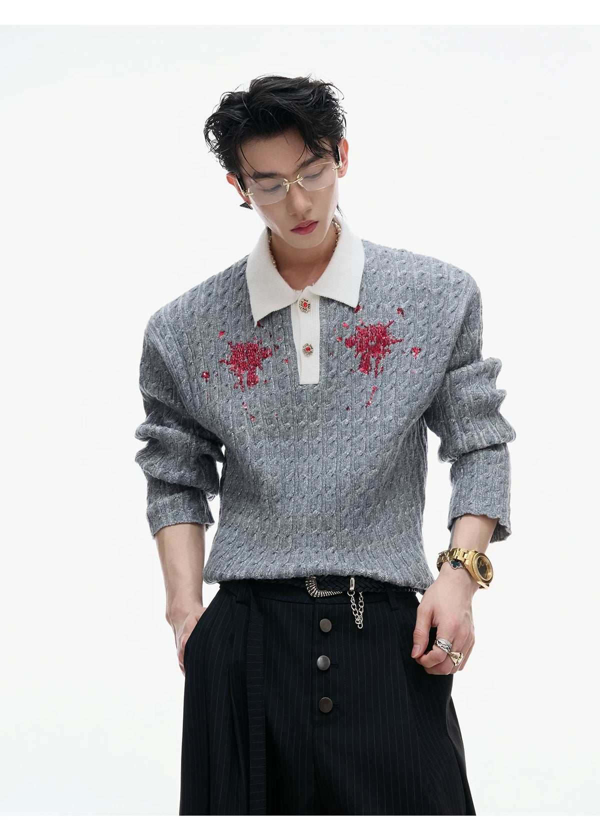 Retro Contrast Sequin Collared Cotton Sweater - description image 6