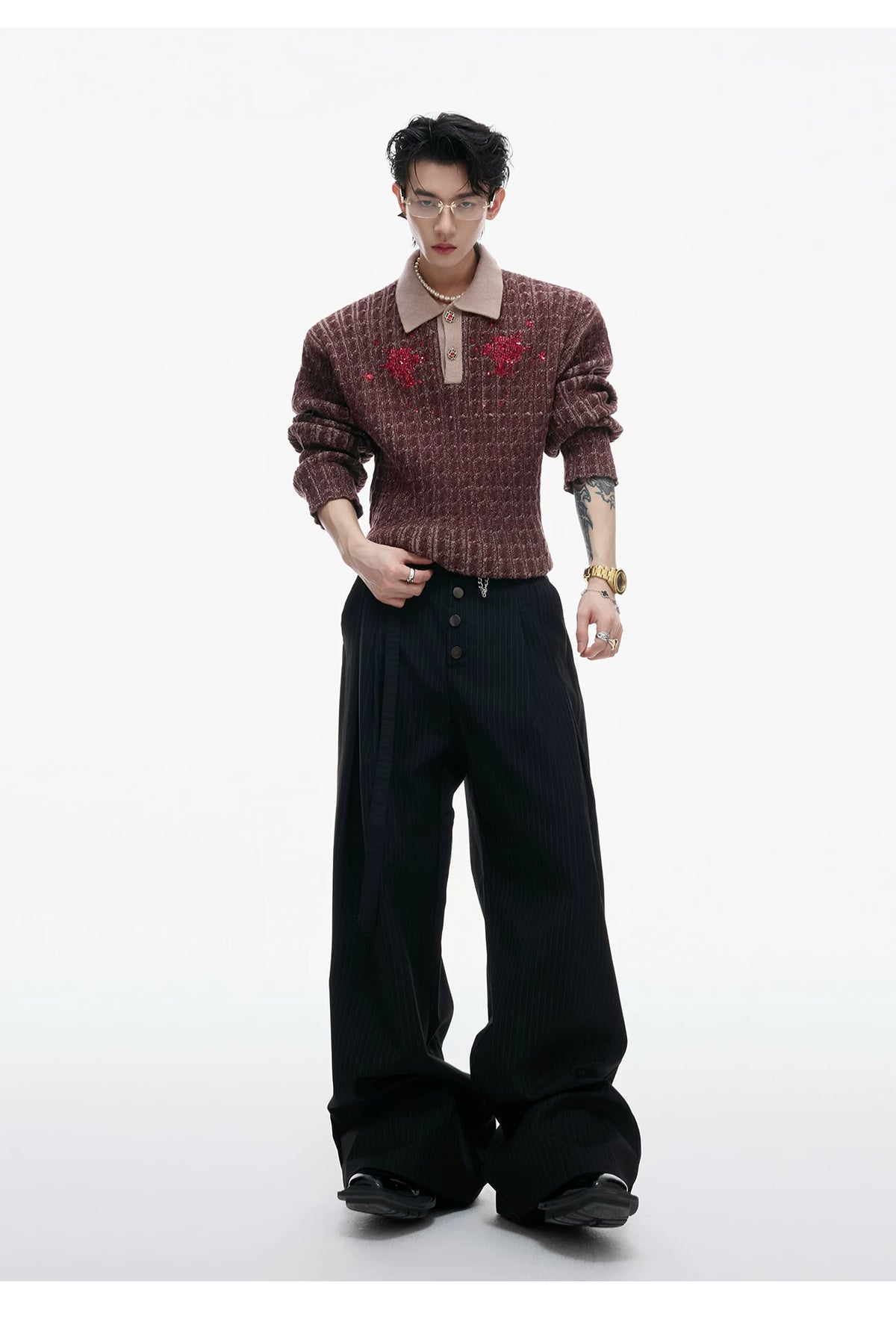 Retro Contrast Sequin Collared Cotton Sweater - description image 7