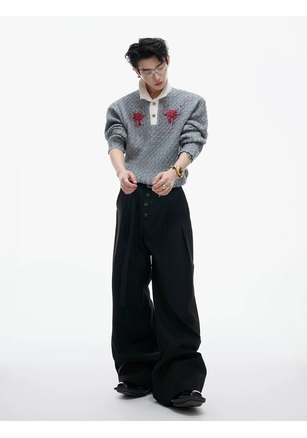 Retro Contrast Sequin Collared Cotton Sweater - description image 8