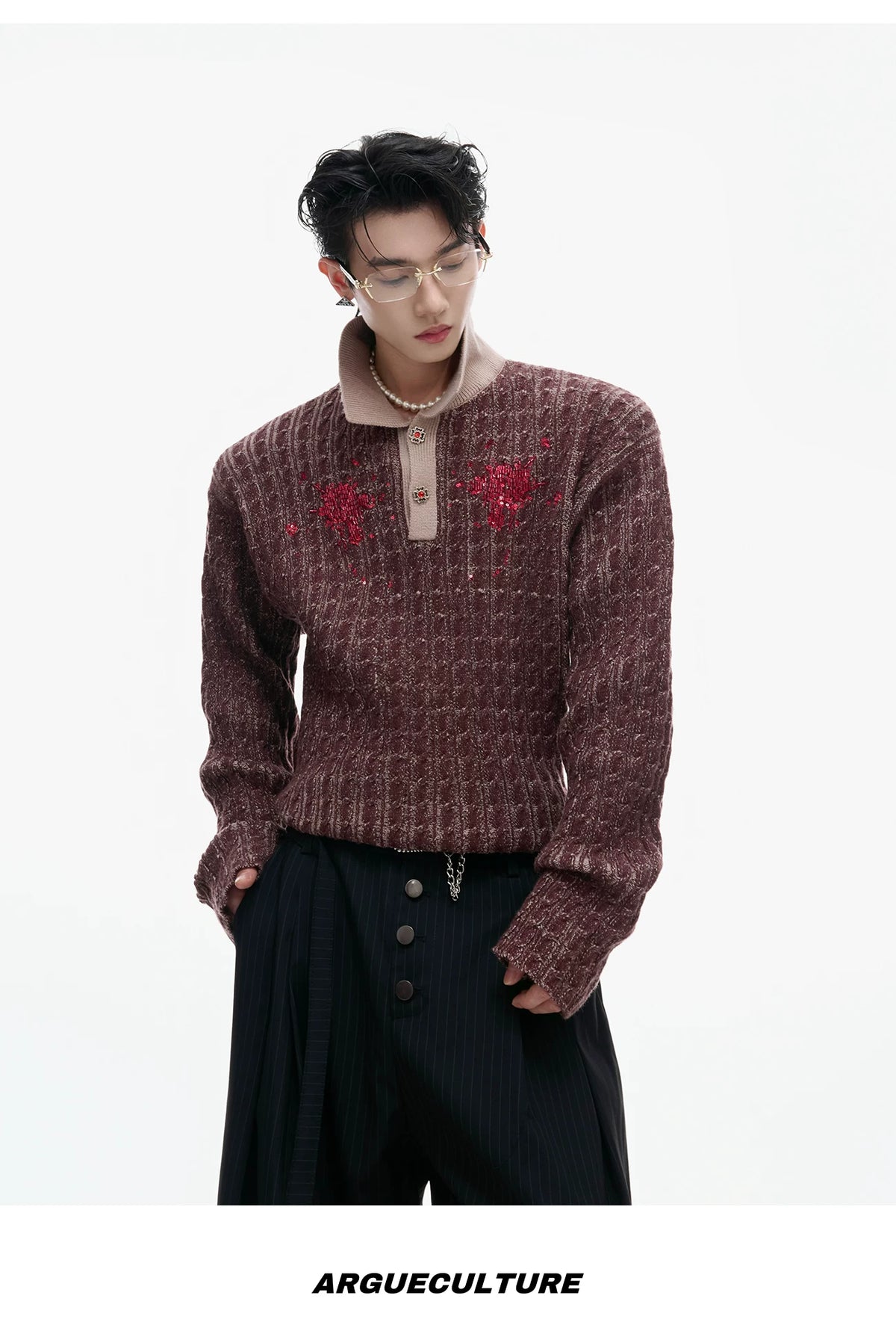 Retro Contrast Sequin Collared Cotton Sweater - description image 9