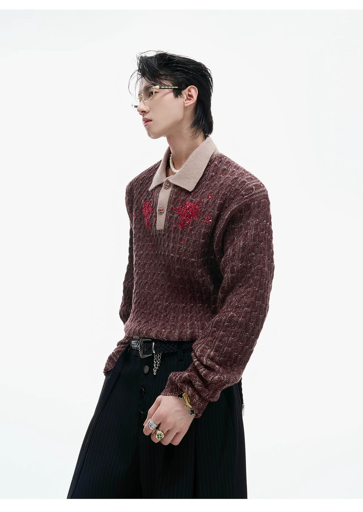 Retro Contrast Sequin Collared Cotton Sweater - description image 10