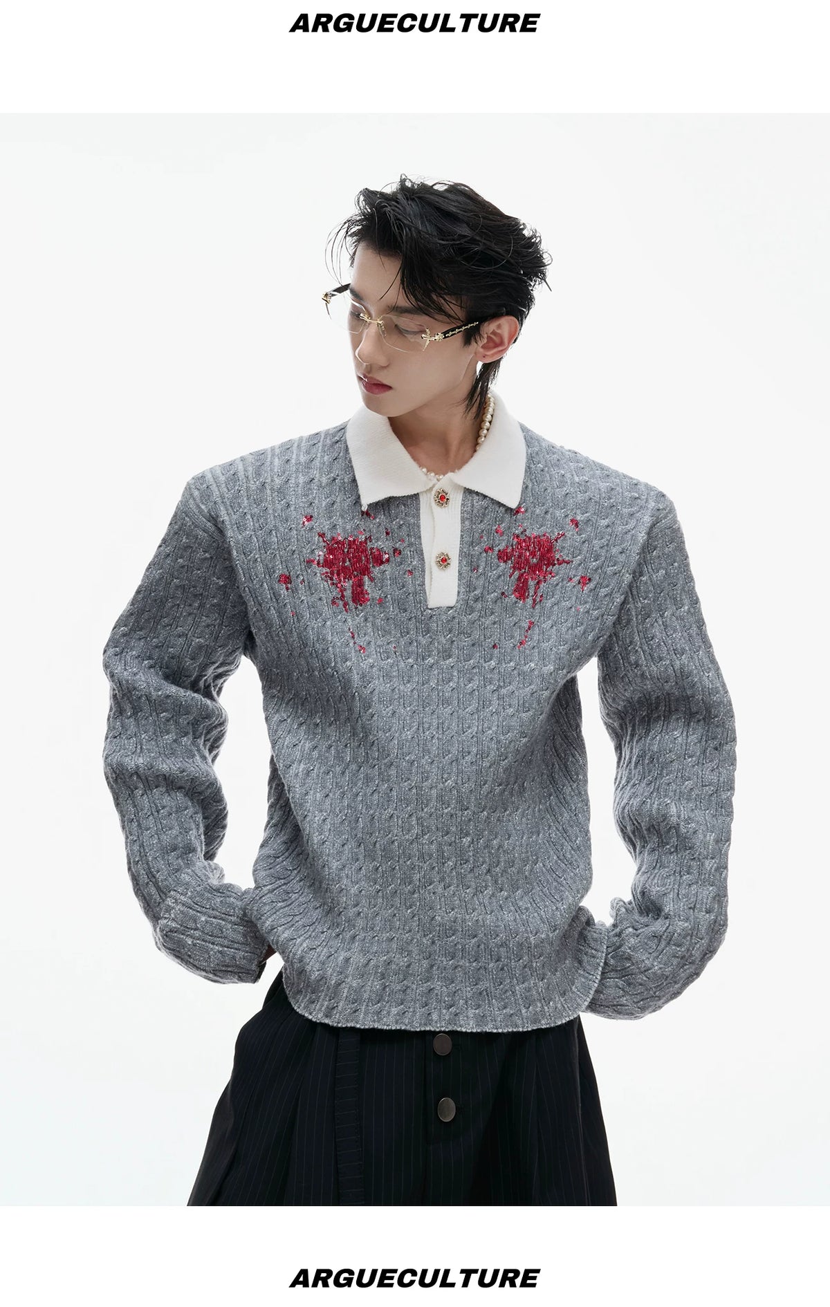 Retro Contrast Sequin Collared Cotton Sweater - description image 11