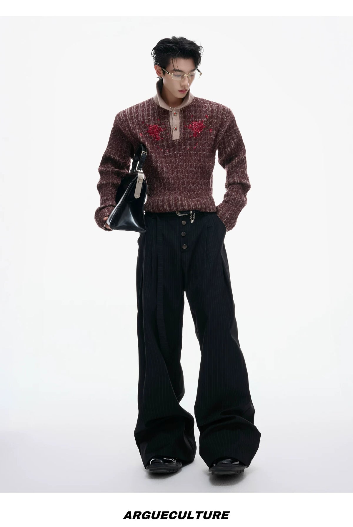 Retro Contrast Sequin Collared Cotton Sweater - description image 12