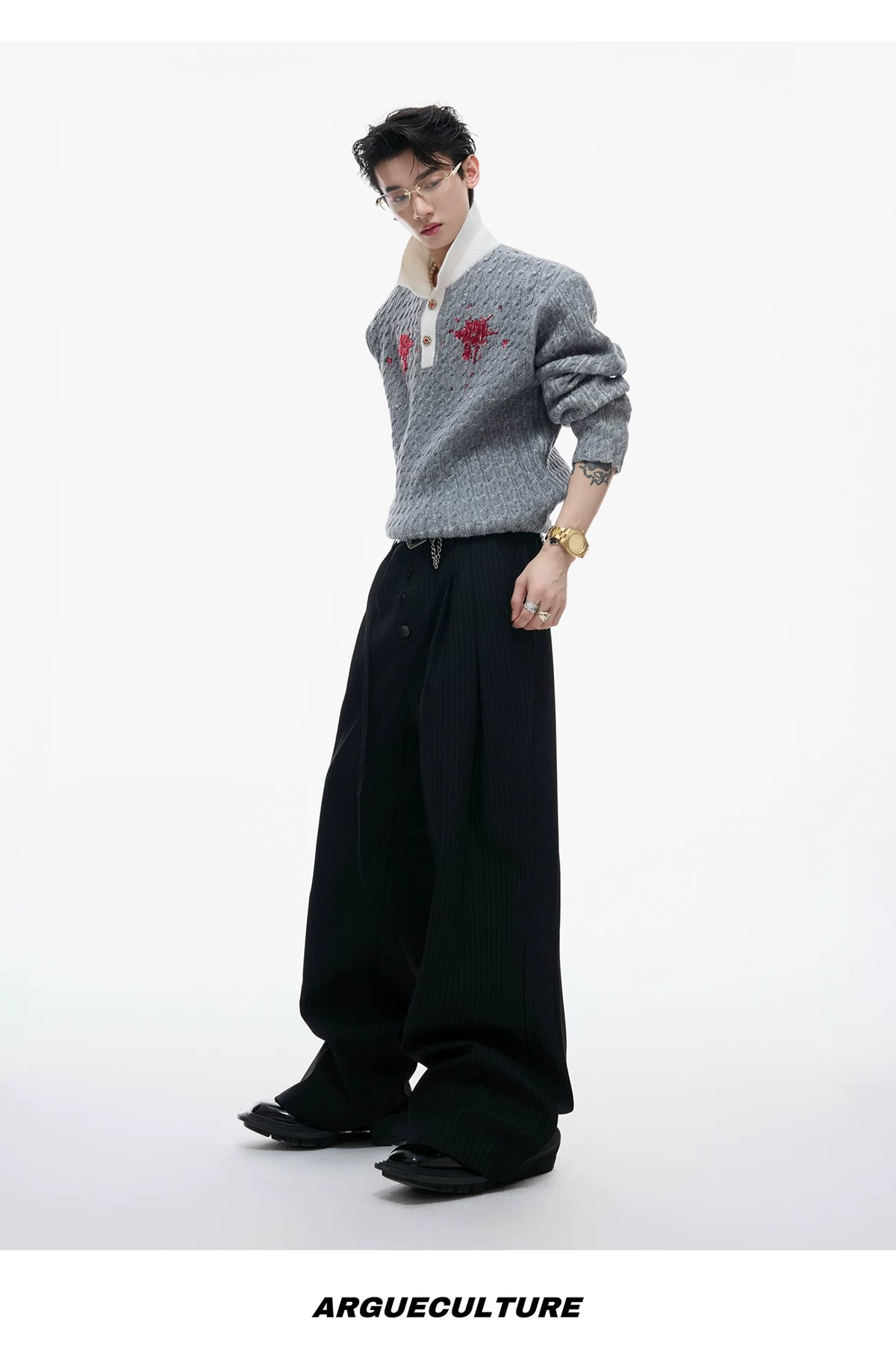 Retro Contrast Sequin Collared Cotton Sweater - description image 13