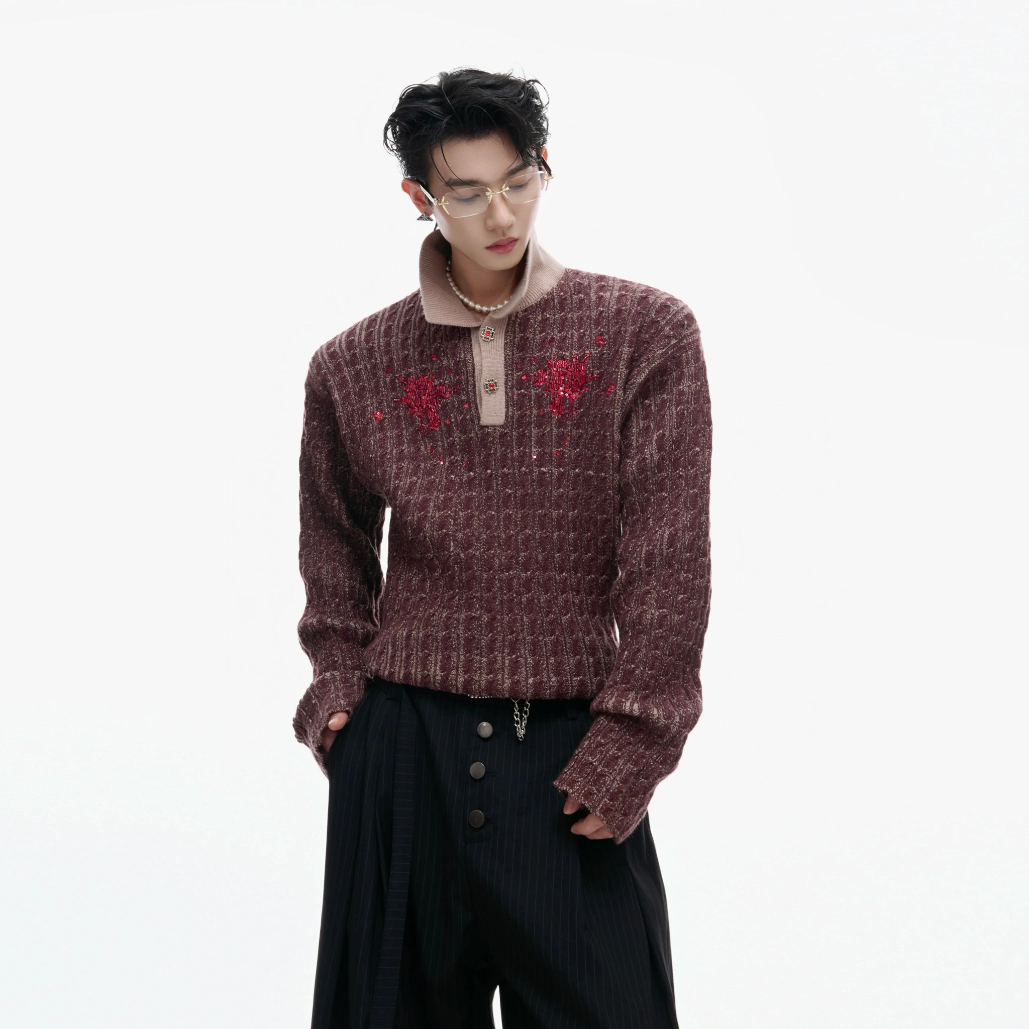 Retro Contrast Sequin Collared Cotton Sweater - main image 1