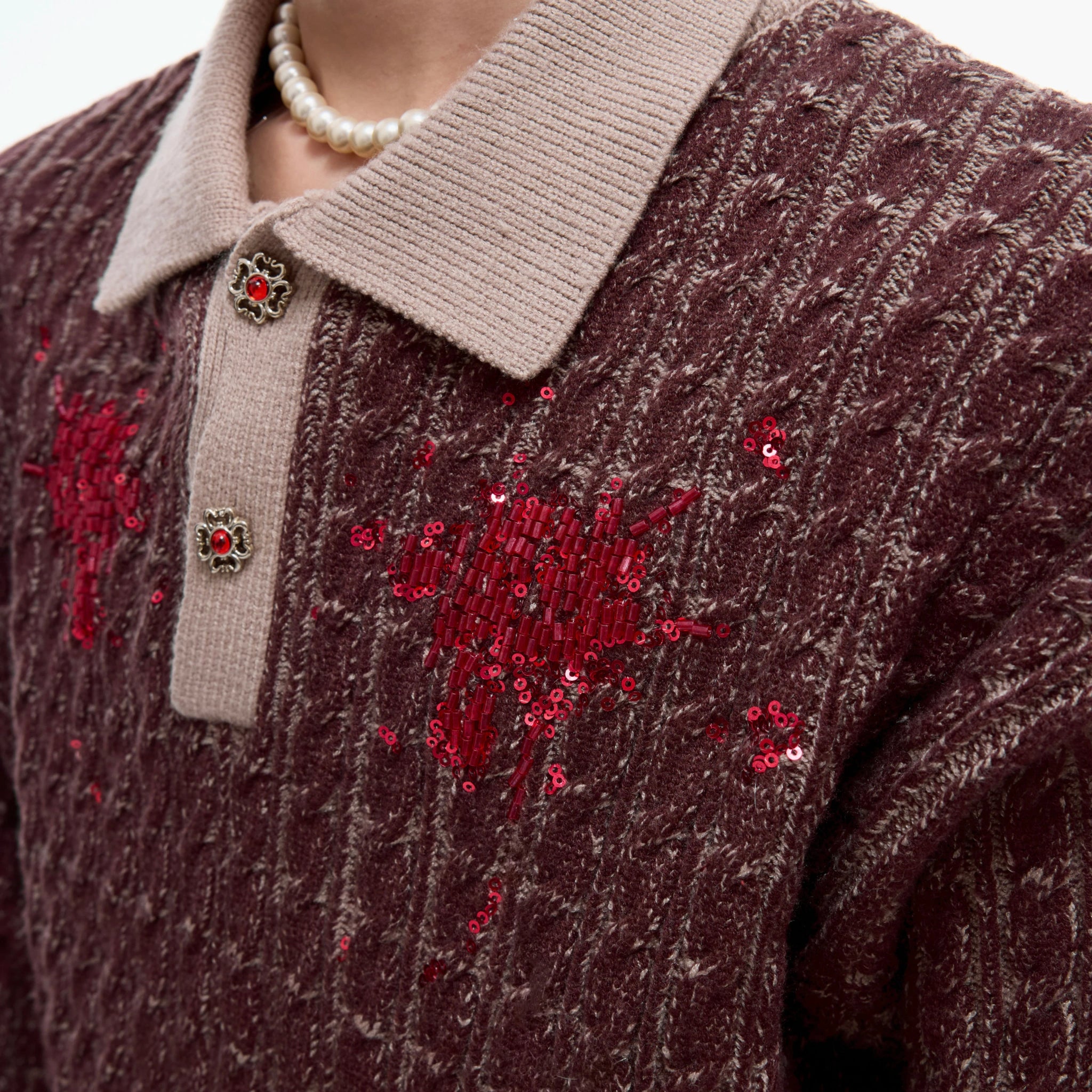 Retro Contrast Sequin Collared Cotton Sweater - main image 2