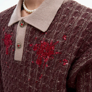 Retro Contrast Sequin Collared Cotton Sweater - main image 2